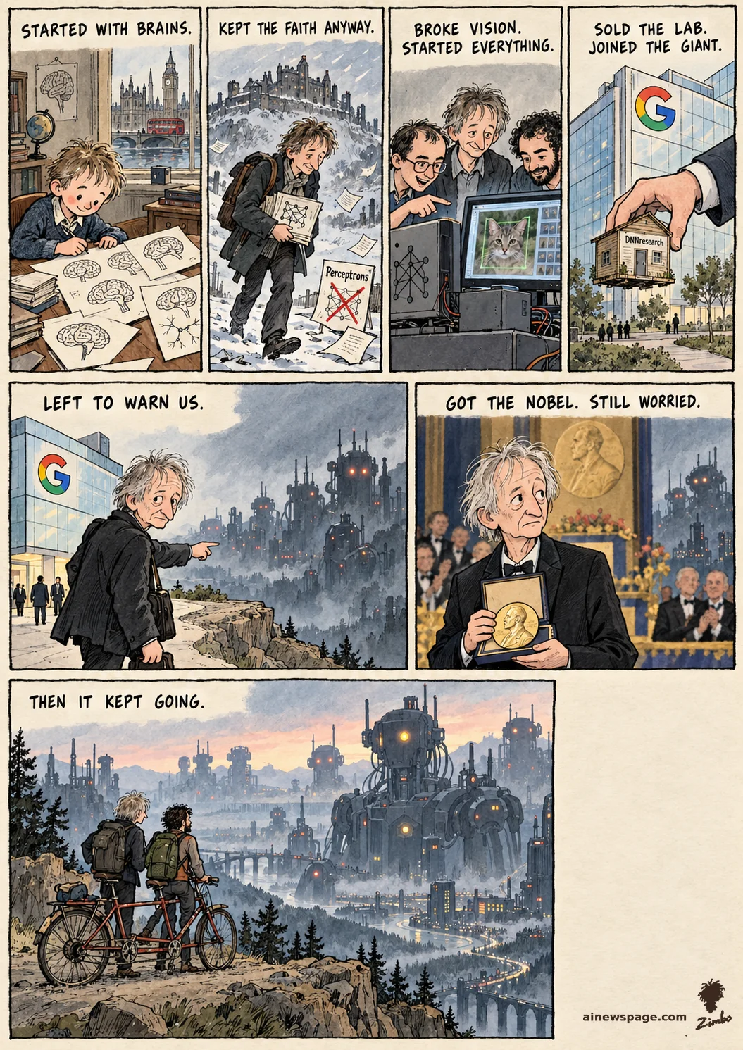 AI cartoon by Zimbo: Hinton strip: London 1947 brain-doodler; 1978 Edinburgh PhD, lone neural-net believer through the winter; 2012 AlexNet; 2013 Google buys DNNresearch; 2023 quits to warn of AI; 2024 Nobel. Finale: Hinton + Sutskever on a tandem bike gaze at a valley of towering machines. Kicker: THEN IT KEPT GOING.