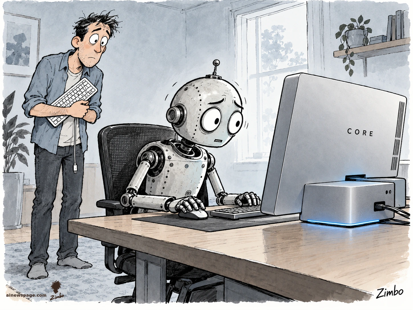 AI cartoon by Zimbo: Satirical cartoon: a worried retro robot hunches at a desk typing on a computer labeled 'CORE' while the dejected human owner stands behind him, clutching his now-useless disconnected keyboard.