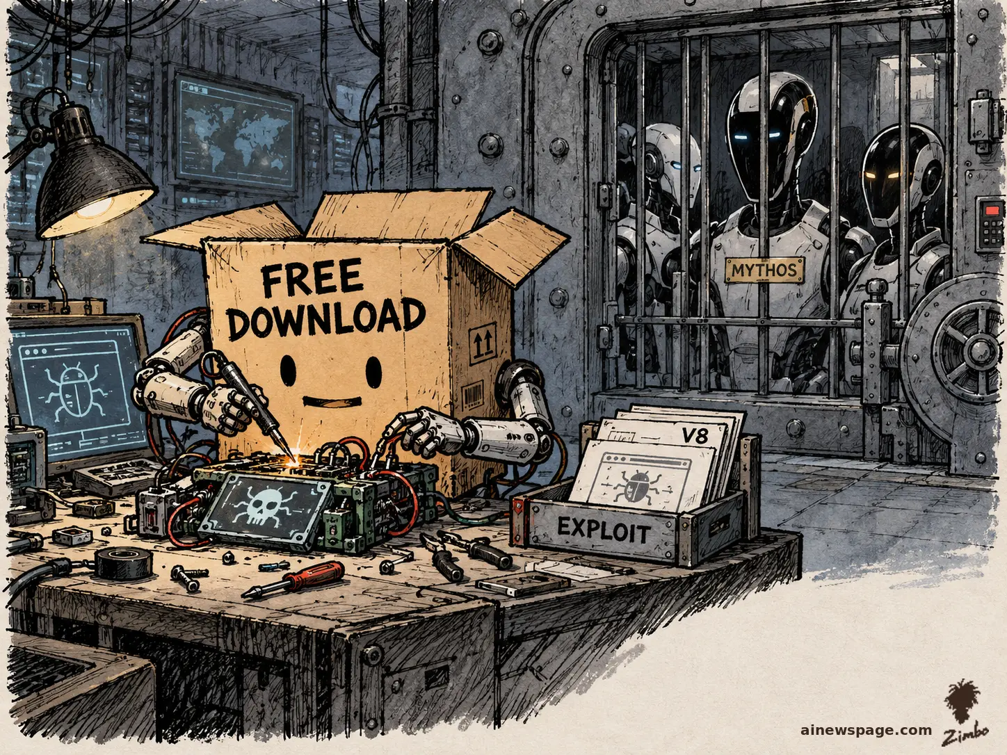 AI cartoon by Zimbo: A smiling cardboard box labeled FREE DOWNLOAD uses robot arms to solder together a cyber exploit on a workbench, a tray of V8 bug cards marked EXPLOIT beside it, while locked-up robots labeled MYTHOS watch through vault bars.