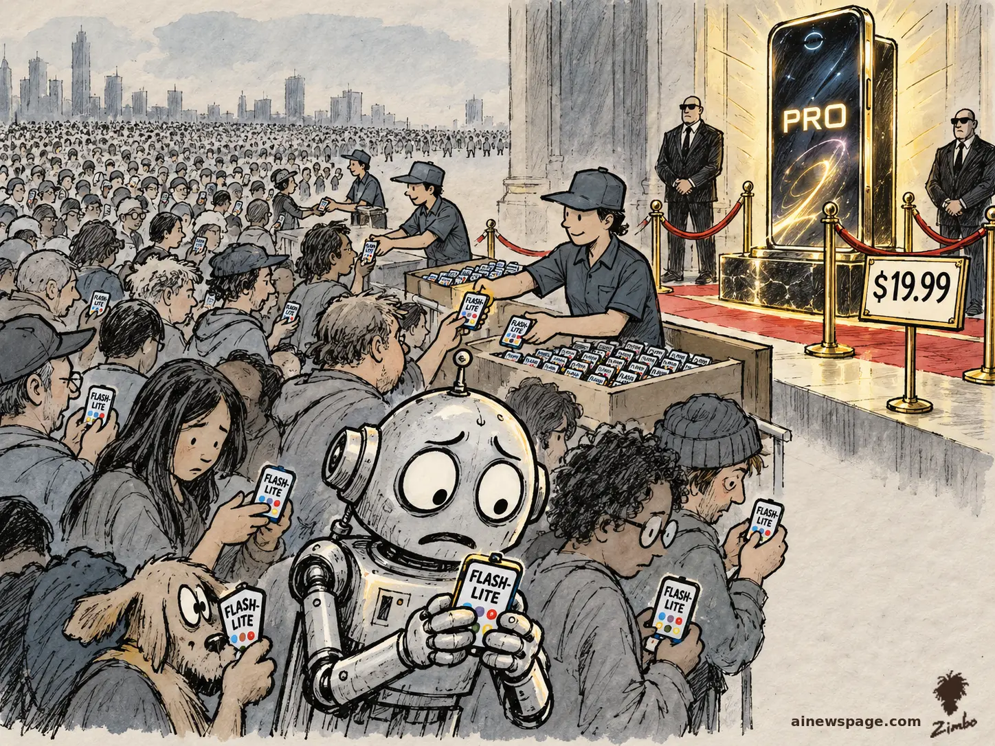 AI cartoon by Zimbo: Satirical cartoon: a vast crowd of free-tier users receives tiny FLASH-LITE phones from crates while a glowing PRO phone monument stands behind a velvet rope with a $19.99 sign and bouncers; an anxious robot frets in the foreground.