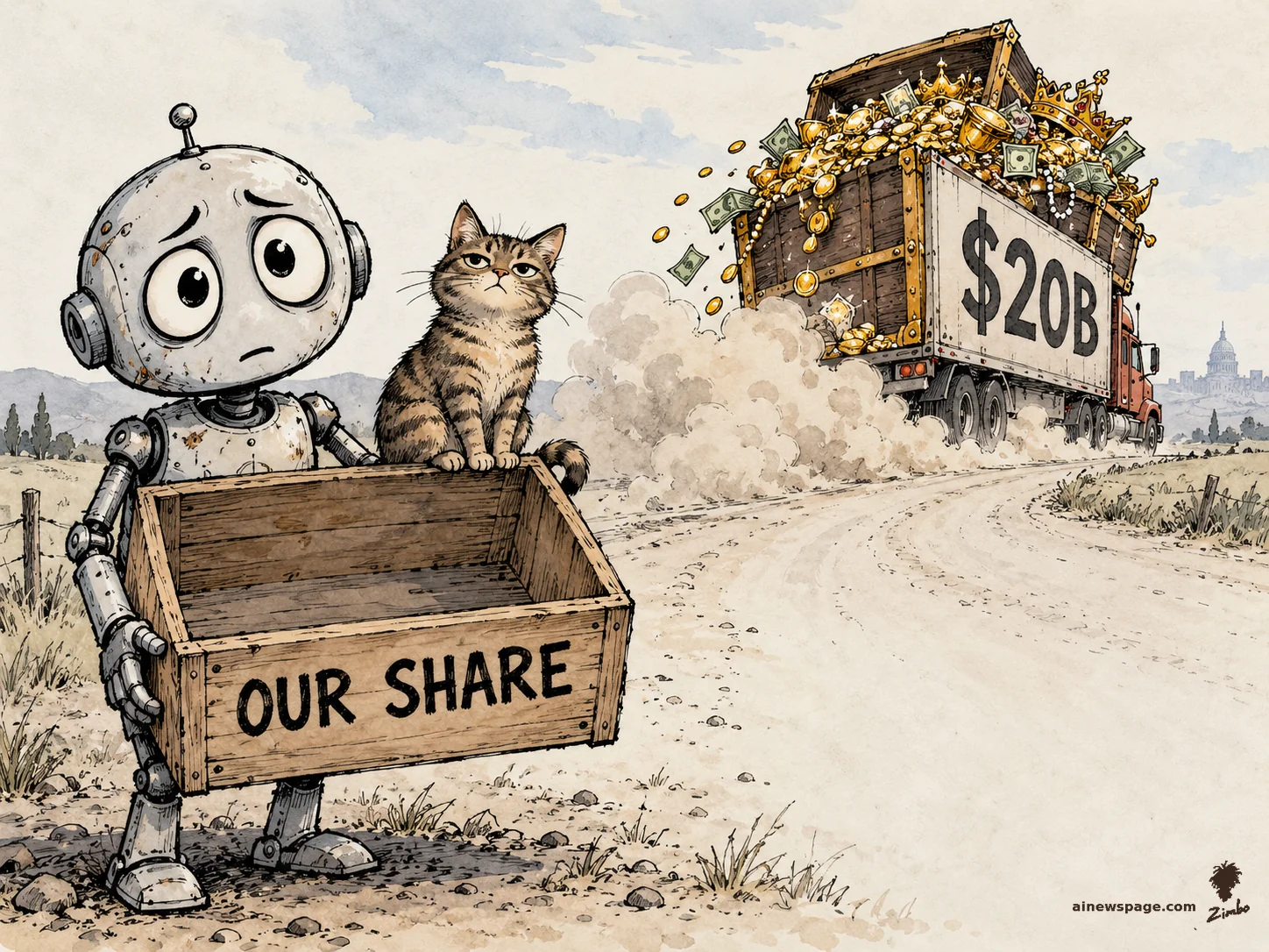 AI cartoon by Zimbo: Satirical cartoon: a worried small robot (Merv) holds up an empty wooden crate marked 'OUR SHARE' while a tabby cat sits on it; a giant truck labeled '$20B' drives away hauling an overflowing treasure chest of gold and cash.