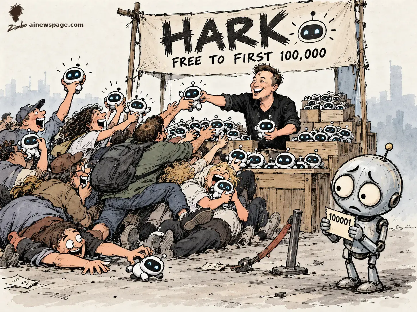 AI cartoon by Zimbo: Satirical cartoon: a grinning founder behind a HARK FREE TO FIRST 100,000 booth hands small robot units to a stampeding crowd of early users, while Merv the anxious retro robot stands apart holding a ticket reading 100001.
