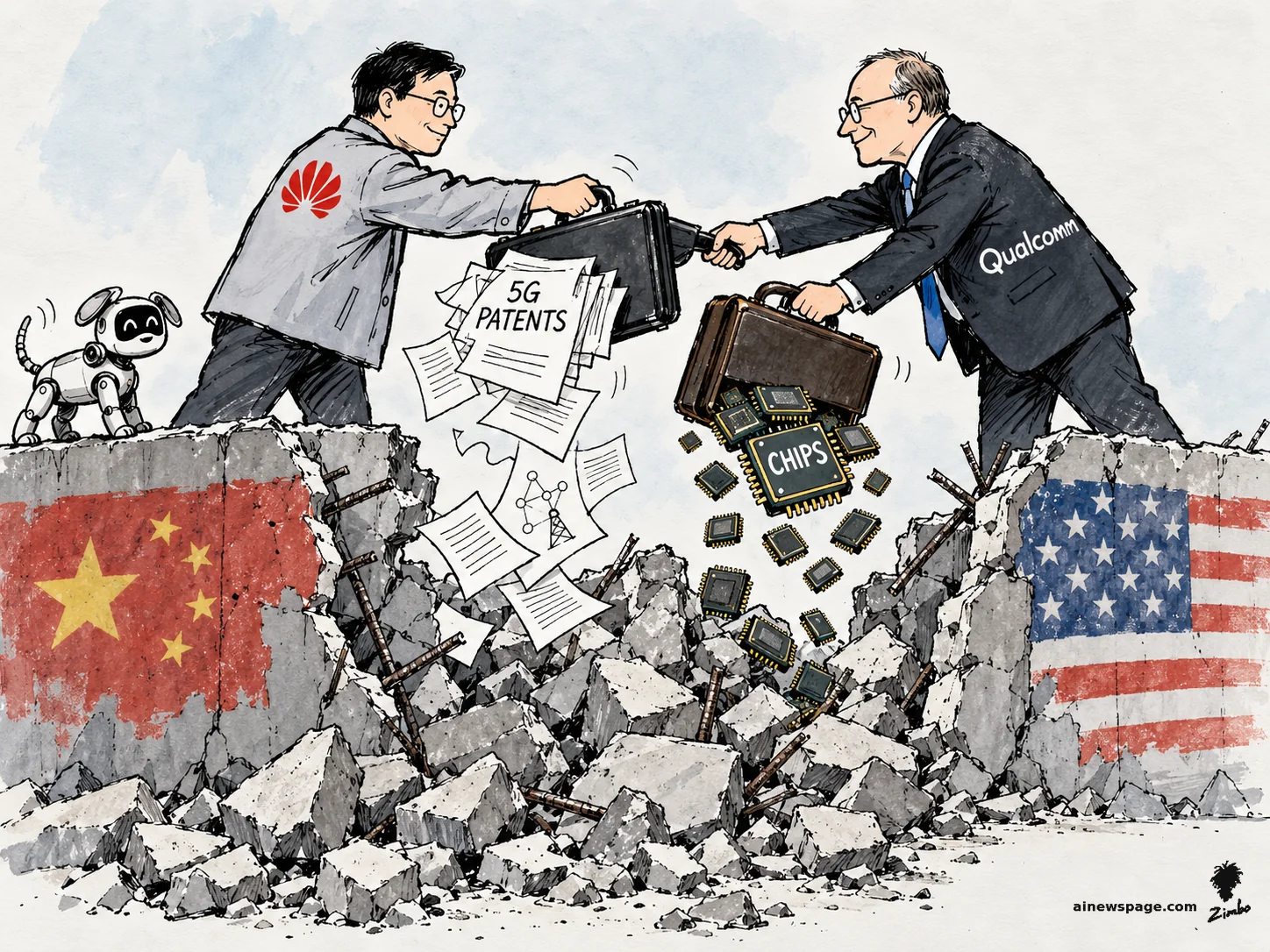 A Huawei engineer and a Qualcomm exec swap briefcases over the rubble of a broken sanctions wall — one briefcase spills 5G PATENTS papers, the other spills CHIPS; a small robot dog watches.
