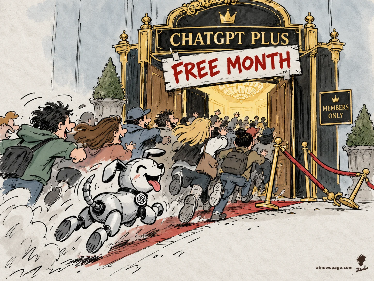 AI cartoon by Zimbo: Satirical cartoon: a crude red FREE MONTH banner is taped over a golden CHATGPT PLUS members-only door while a joyous crowd stampedes through, led by Buddy the robot dog.