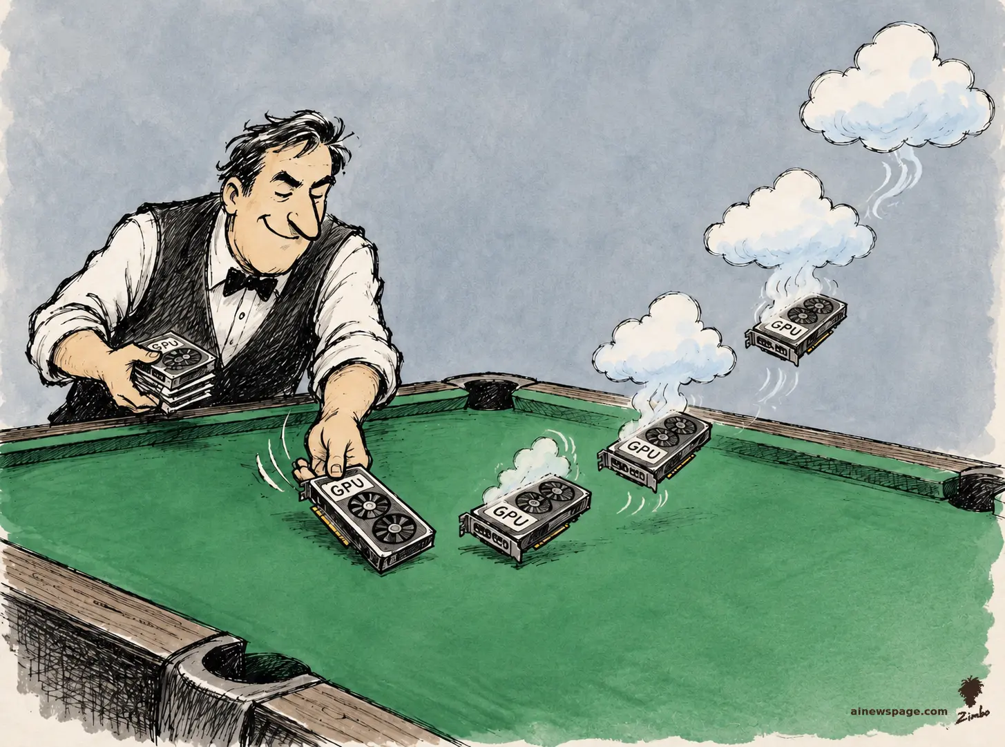 AI cartoon by Zimbo: A pool hustler deals graphics cards labeled GPU across a green pool table; each dealt card lifts into the air and puffs into a fluffy white cloud.