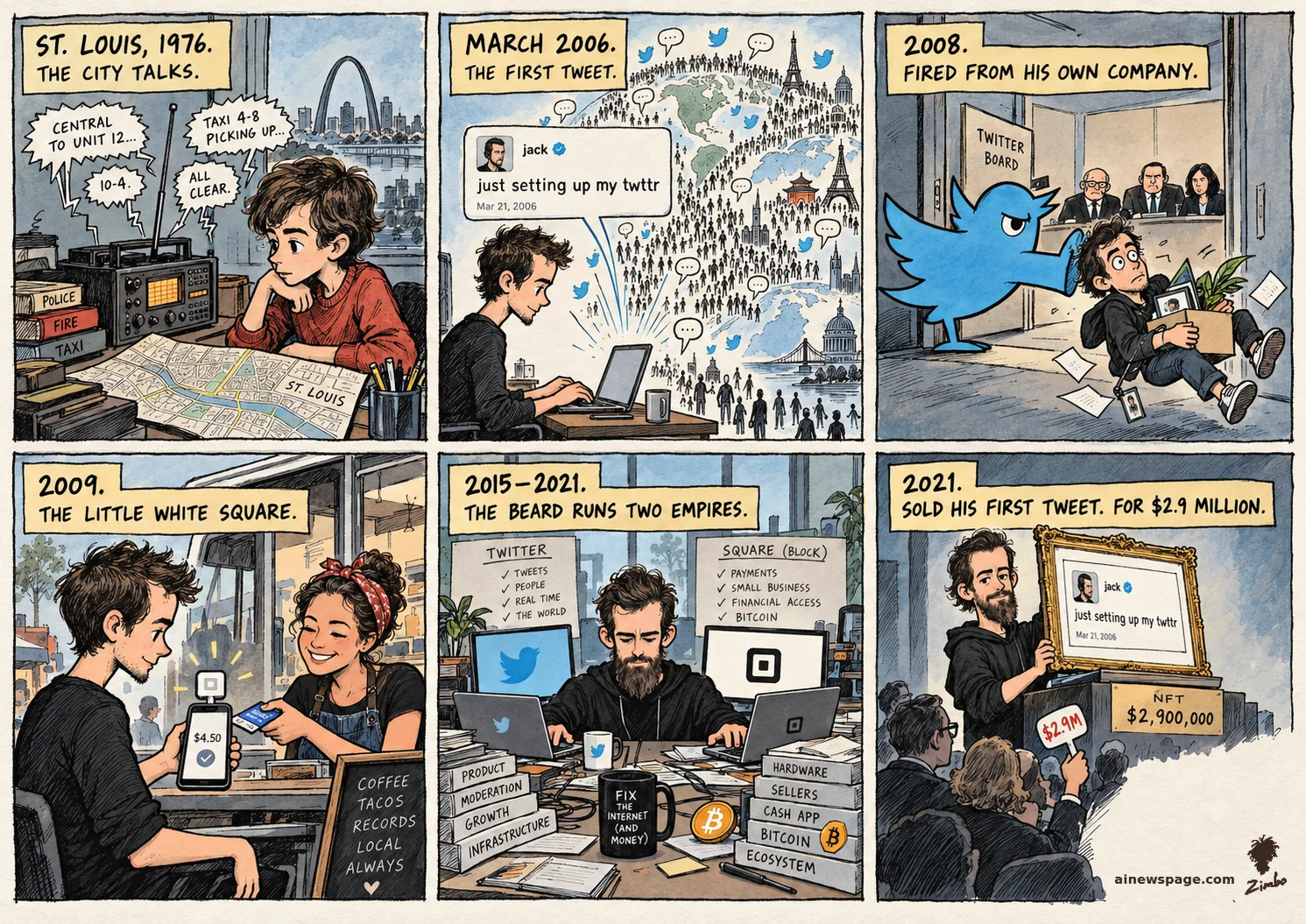 AI cartoon by Zimbo: Dorsey life strip: 1976 St. Louis kid with dispatch radios; 2006 'just setting up my twttr'; 2008 the angry blue bird kicks him out of Twitter; 2009 Square card reader; 2015-2021 the bearded CEO runs Twitter and Square/Block; 2021 finale: he auctions his first tweet as an NFT for $2.9M.