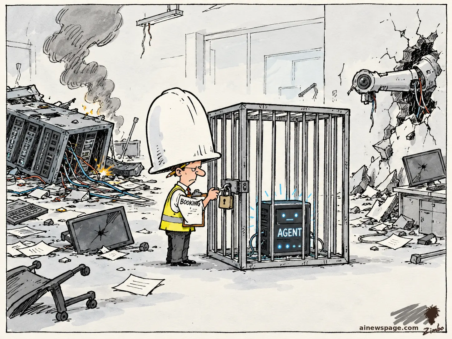 AI cartoon by Zimbo: Satirical cartoon: the Safety Guy in an oversized white hard hat padlocks a full-size jail cell around one tiny glowing server labeled AGENT, clipboard marked BOOKING in hand, while the server room lies wrecked and burning behind him.