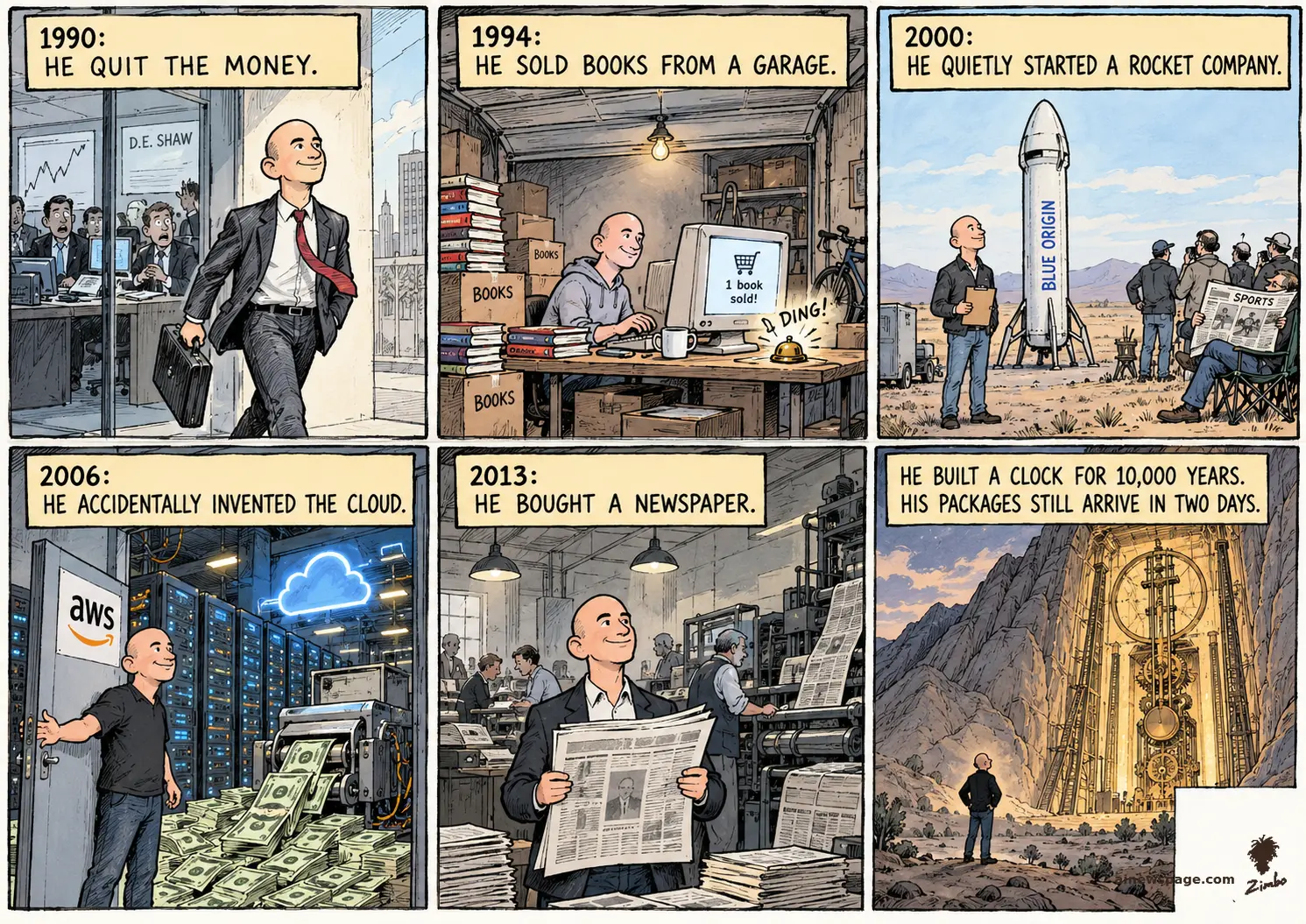 AI cartoon by Zimbo: Jeff Bezos strip: quits D.E. Shaw (1990); garage bookstore, '1 book sold' bell (1994); secret Blue Origin rocket (2000); AWS money printer (2006); buys The Washington Post (2013). Finale: tiny Bezos gazes up at the glowing 10,000-year clock carved inside a Texas mountain.