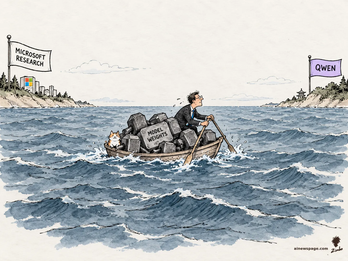 AI cartoon by Zimbo: A suited executive rows a tiny wooden boat heaped with blocks labeled MODEL WEIGHTS across a wide ocean, from a shore flying a MICROSOFT RESEARCH flag to a shore flying a purple QWEN flag; a small cat rides in the bow.