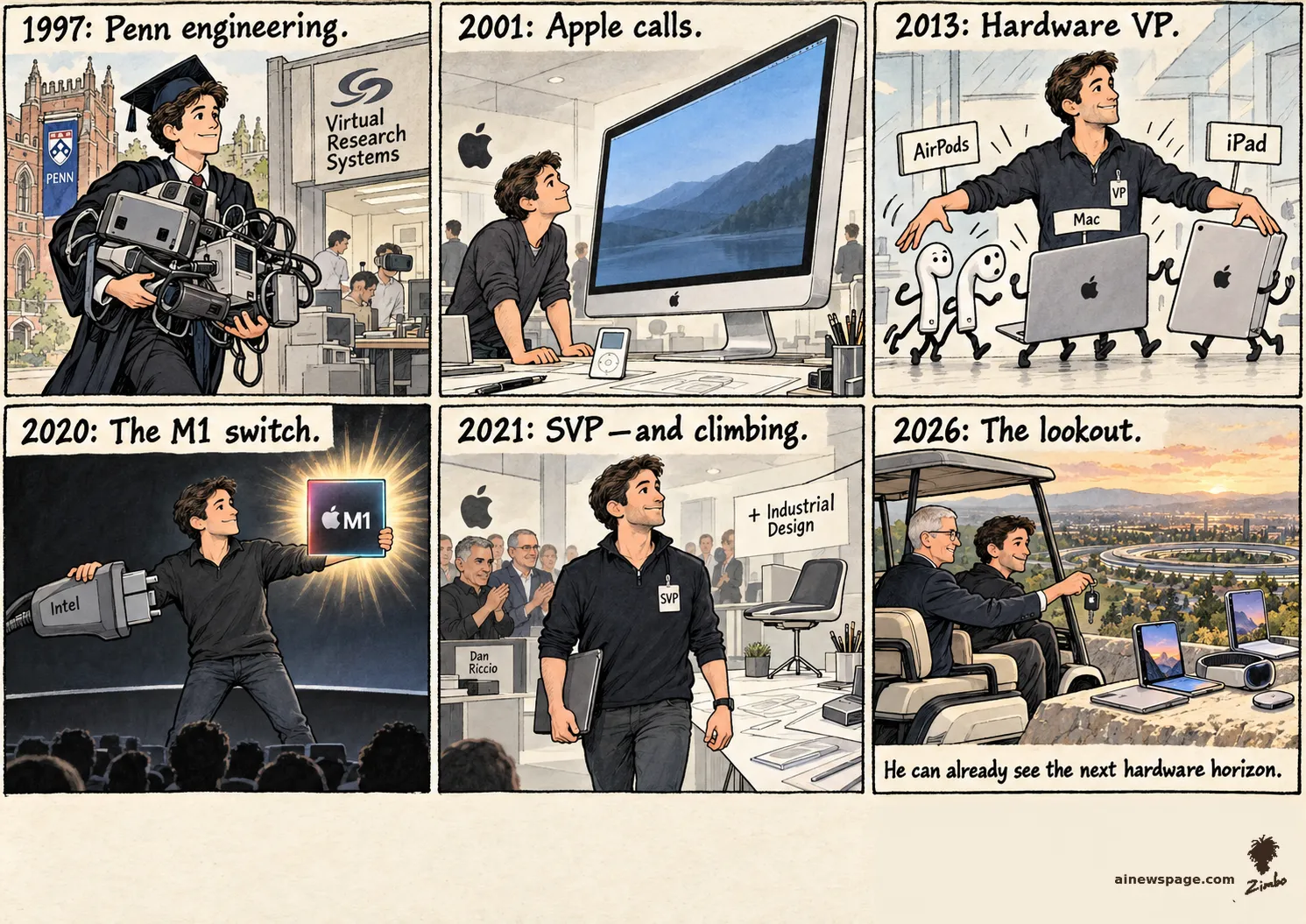 AI cartoon by Zimbo: Six-panel strip: John Ternus graduates Penn in 1997 with a VR headset; joins Apple in 2001 for Cinema Display; 2013 hardware VP juggling AirPods, Mac, iPad; leads the 2020 Intel-to-M1 switch; 2021 SVP replacing Dan Riccio; finale: Tim Cook hands him the keys in a golf cart overlooking Apple Park.