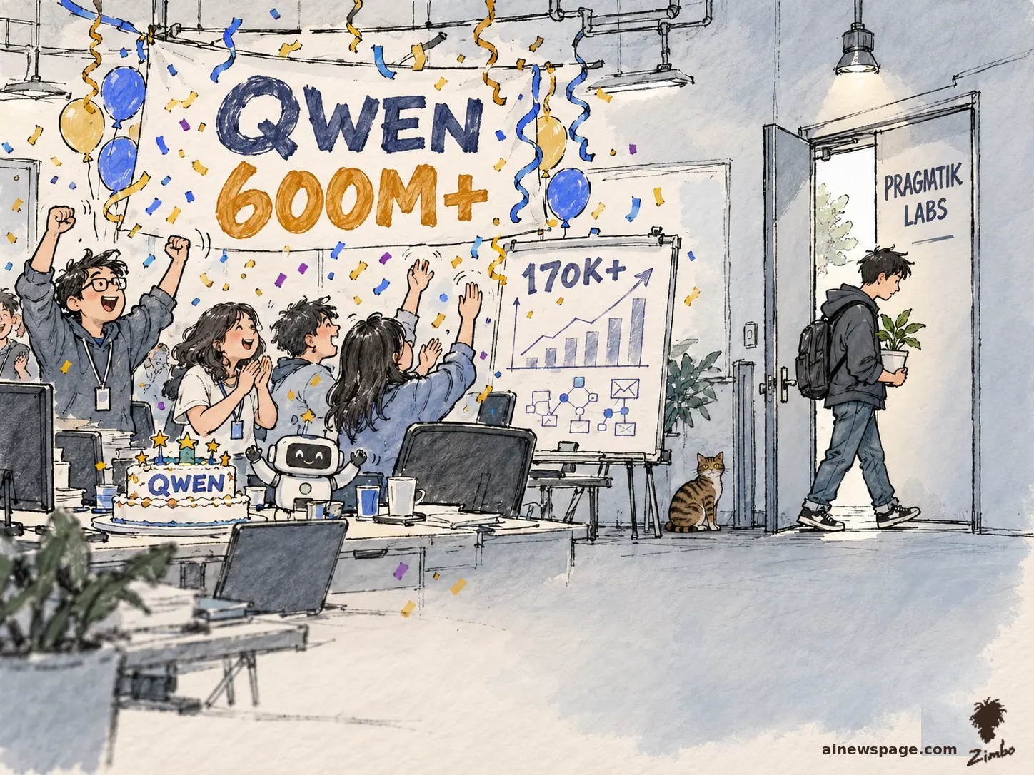 AI cartoon by Zimbo: Office party celebrating 'QWEN 600M+' with cake and confetti; a young man with a backpack and desk plant quietly exits through a door marked PRAGMATIK LABS while a tabby cat watches knowingly.