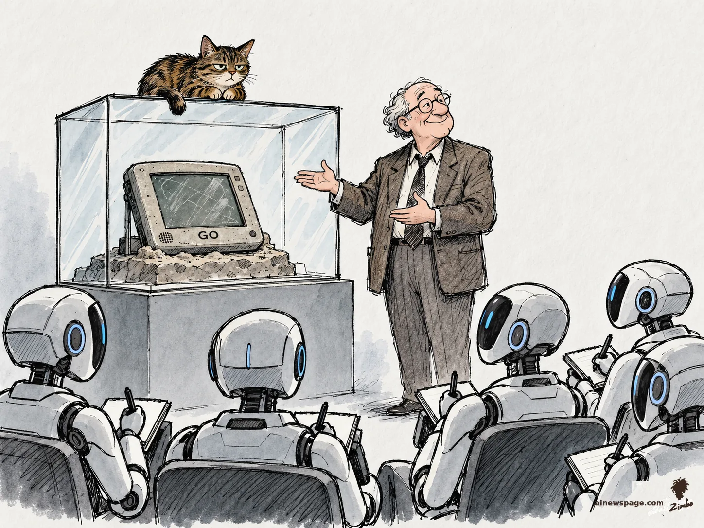 AI cartoon by Zimbo: Satirical cartoon: a fossilized chunky 1990s GO tablet sits in a museum display case while its elderly inventor proudly lectures five note-taking humanoid robots, as a tabby cat lounges unimpressed on the case.