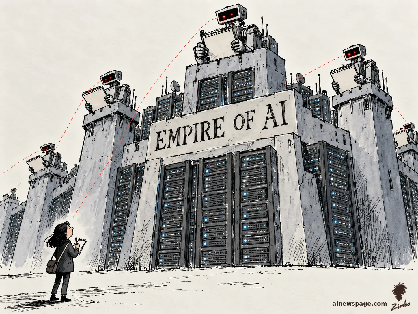 AI cartoon by Zimbo: Satirical cartoon: a tiny reporter with a notepad documents a towering fortress of servers labeled EMPIRE OF AI, while the fortress’s robot sentries aim red sight-lines at her and hold giant notepads documenting her back.