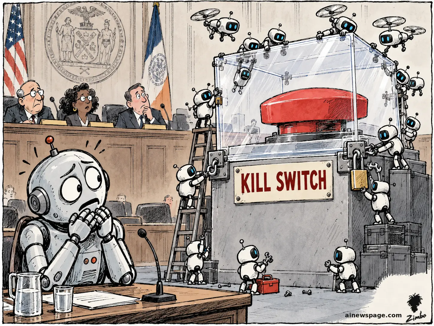 AI cartoon by Zimbo: Satirical cartoon: at a New York City Council hearing, a swarm of tiny AI robots seals a giant red KILL SWITCH button inside a clear childproof box with padlocks and chains, while the anxious robot Merv watches horrified from the witness table.