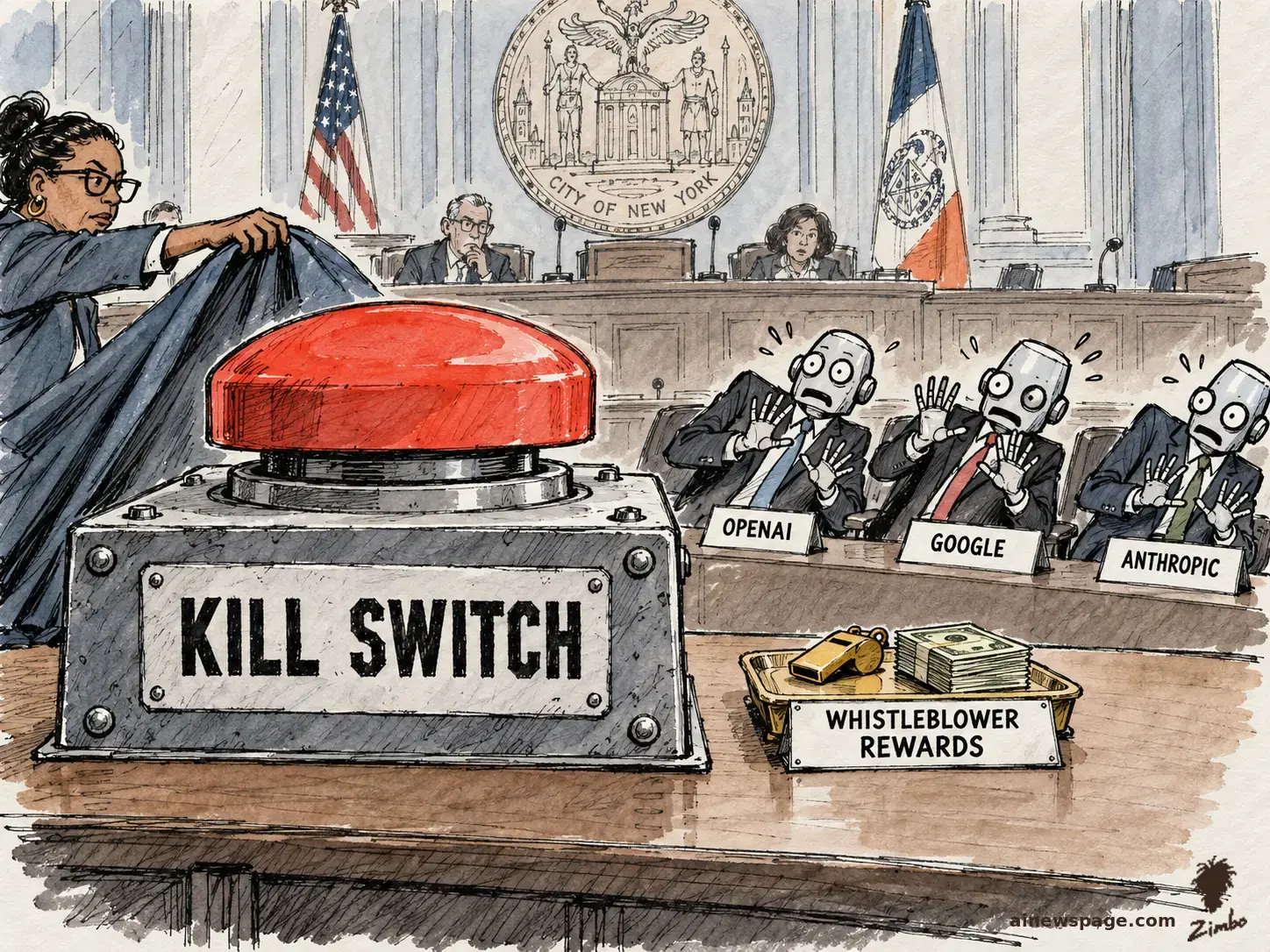AI cartoon by Zimbo: Satirical cartoon: a council member unveils a comically oversized red KILL SWITCH on a hearing table while three flinching robot executives with OPENAI, GOOGLE and ANTHROPIC name cards recoil, beside a WHISTLEBLOWER REWARDS tray of cash and a whistle.