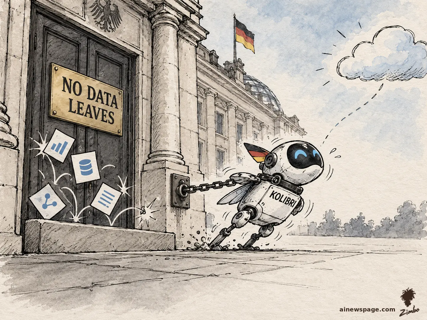 AI cartoon by Zimbo: Satirical cartoon: a small German-flag-wearing AI robot labeled KOLIBRI strains against a short chain fastened to a government building, reaching for a cloud while data packets bounce off a door plaque reading NO DATA LEAVES.