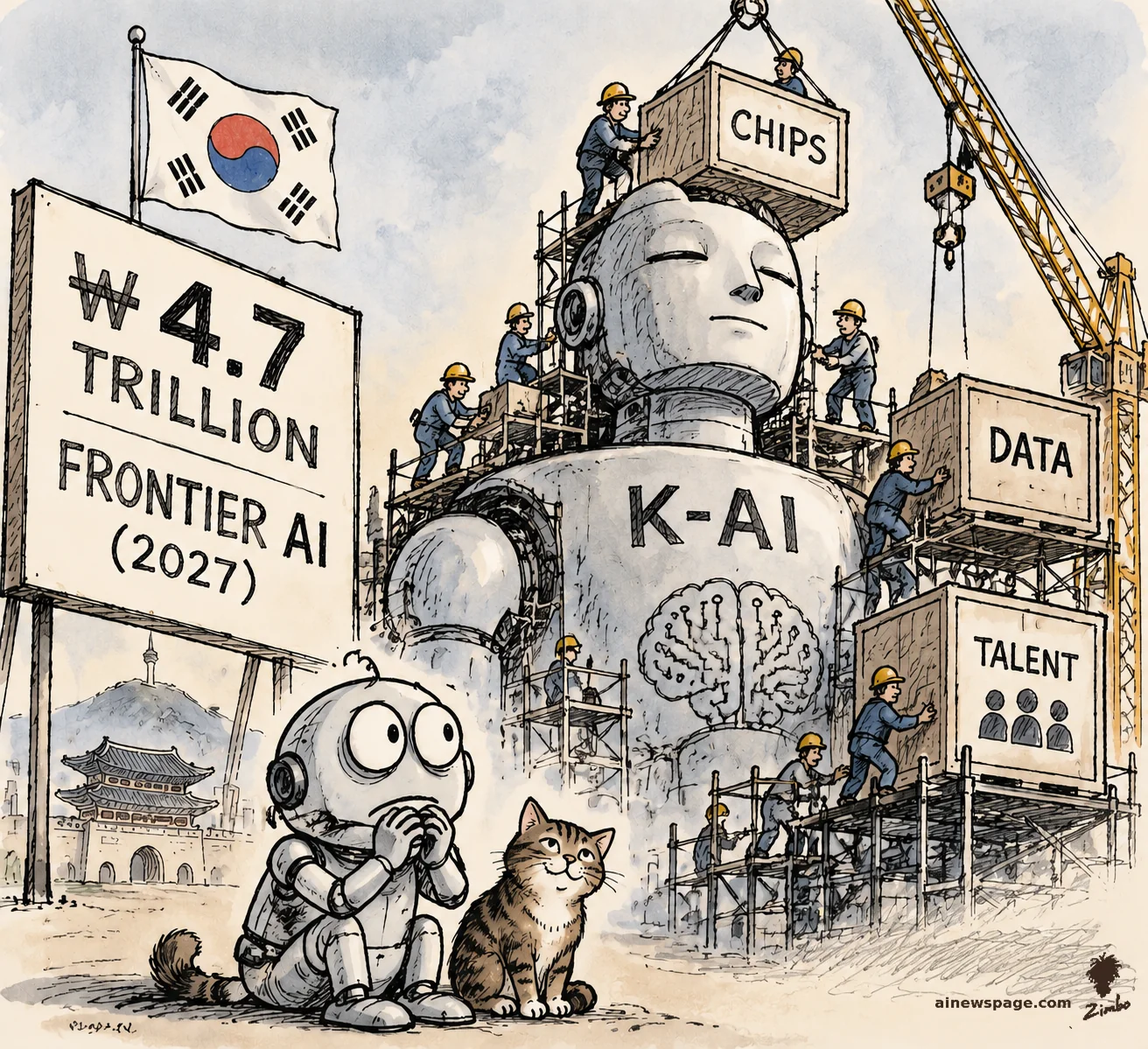 AI cartoon by Zimbo: Satirical cartoon: workers assemble a giant K-AI robot monument while hoisting crates labeled CHIPS, DATA and TALENT; a billboard reads ₩4.7 TRILLION FRONTIER AI (2027); Merv the anxious robot and Issue the tabby cat watch in the foreground.