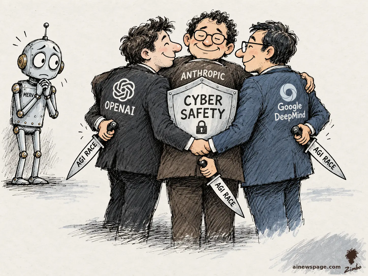 AI cartoon by Zimbo: Three suited executives labeled OpenAI, Anthropic, and Google DeepMind share a group hug over a CYBER SAFETY shield, each hiding a knife labeled AGI RACE behind his back; Merv the anxious robot frets beside them.