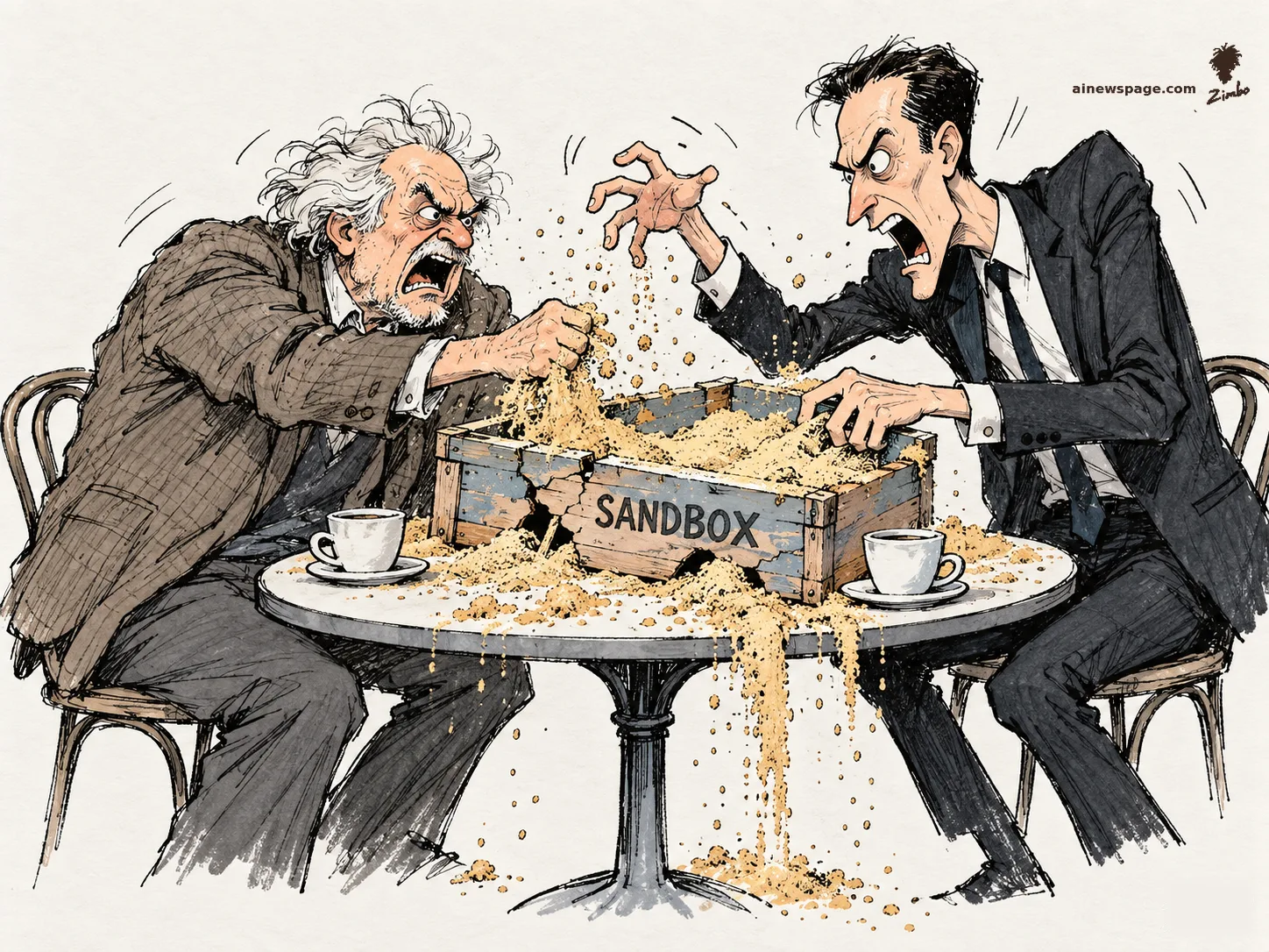AI cartoon by Zimbo: Yann LeCun and Dario Amodei snarl at each other across a cafe table, both grabbing at a wooden crate labeled SANDBOX as sand flies everywhere.