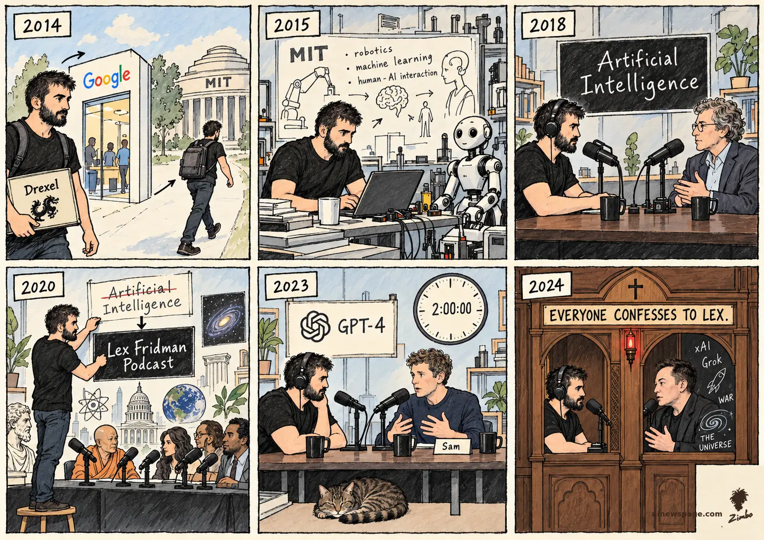 AI cartoon by Zimbo: Fridman life strip: 2014 Drexel-to-Google-to-MIT; 2015 MIT robotics lab; 2018 first podcast under an 'Artificial Intelligence' sign; 2020 renames it the Lex Fridman Podcast; 2023 Altman explains GPT-4 for two hours, Issue the cat asleep below; finale: confessional booth — EVERYONE CONFESSES TO LEX.