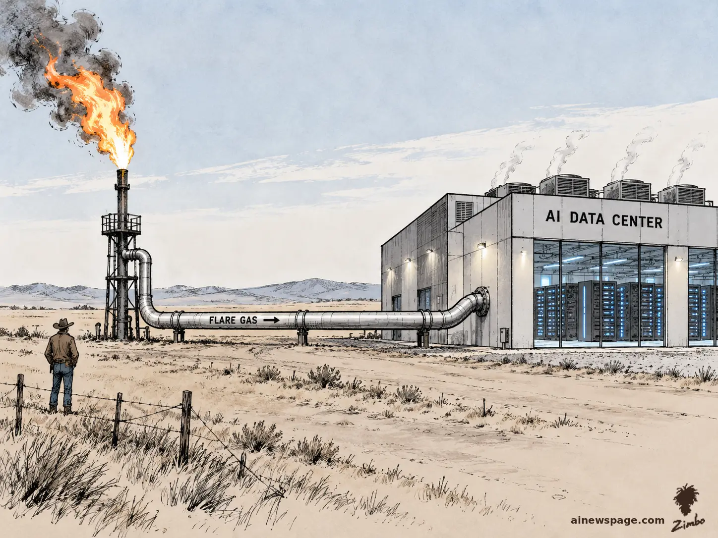 AI cartoon by Zimbo: A lone rancher watches a burning gas-flare stack whose large pipe labeled FLARE GAS feeds straight into a gleaming AI DATA CENTER full of server racks.