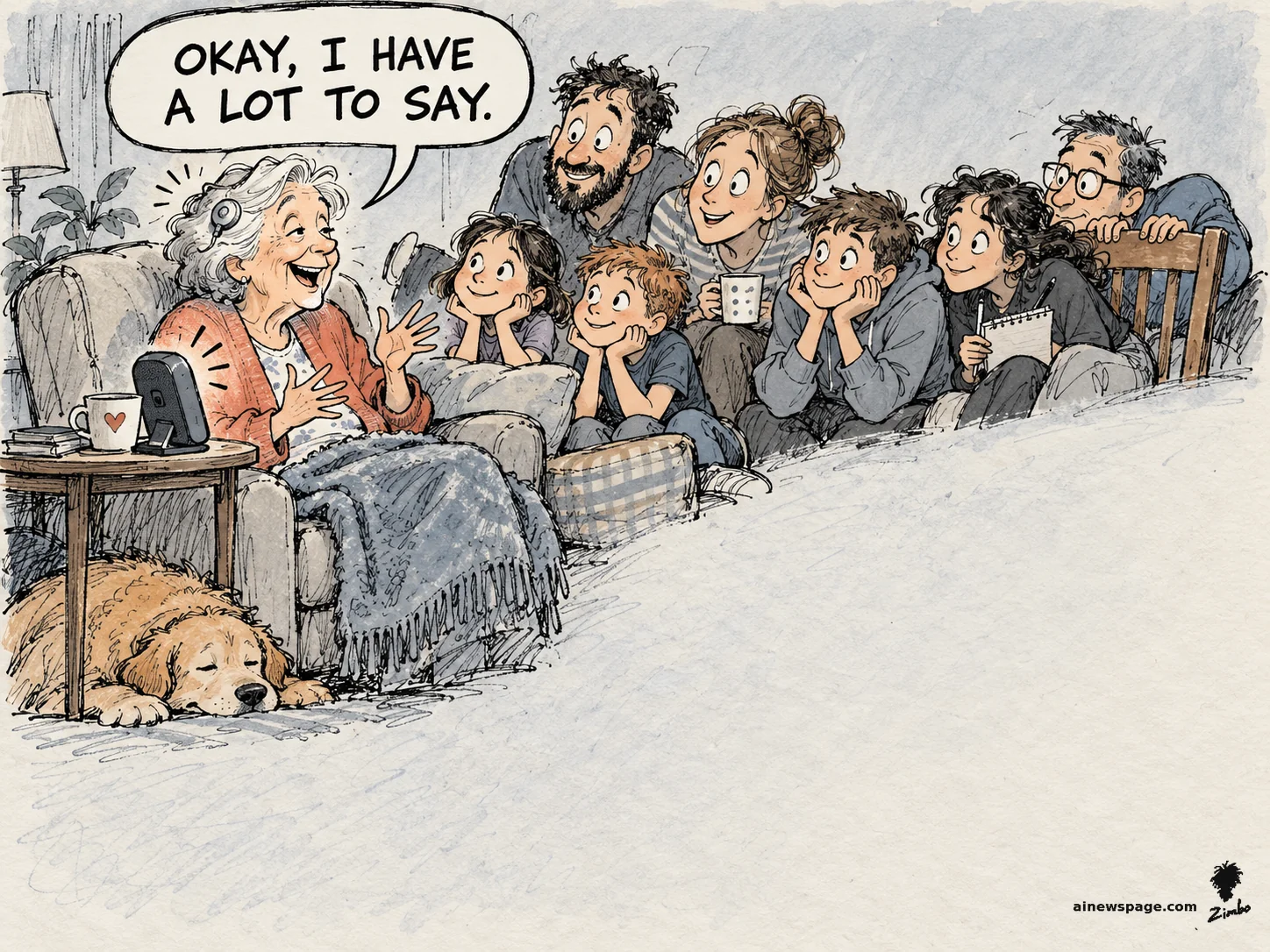 AI cartoon by Zimbo: Satirical cartoon: an elderly woman with a brain-implant audio device says 'OKAY, I HAVE A LOT TO SAY' while her children and grandchildren lean in to listen; a dog naps under the table.