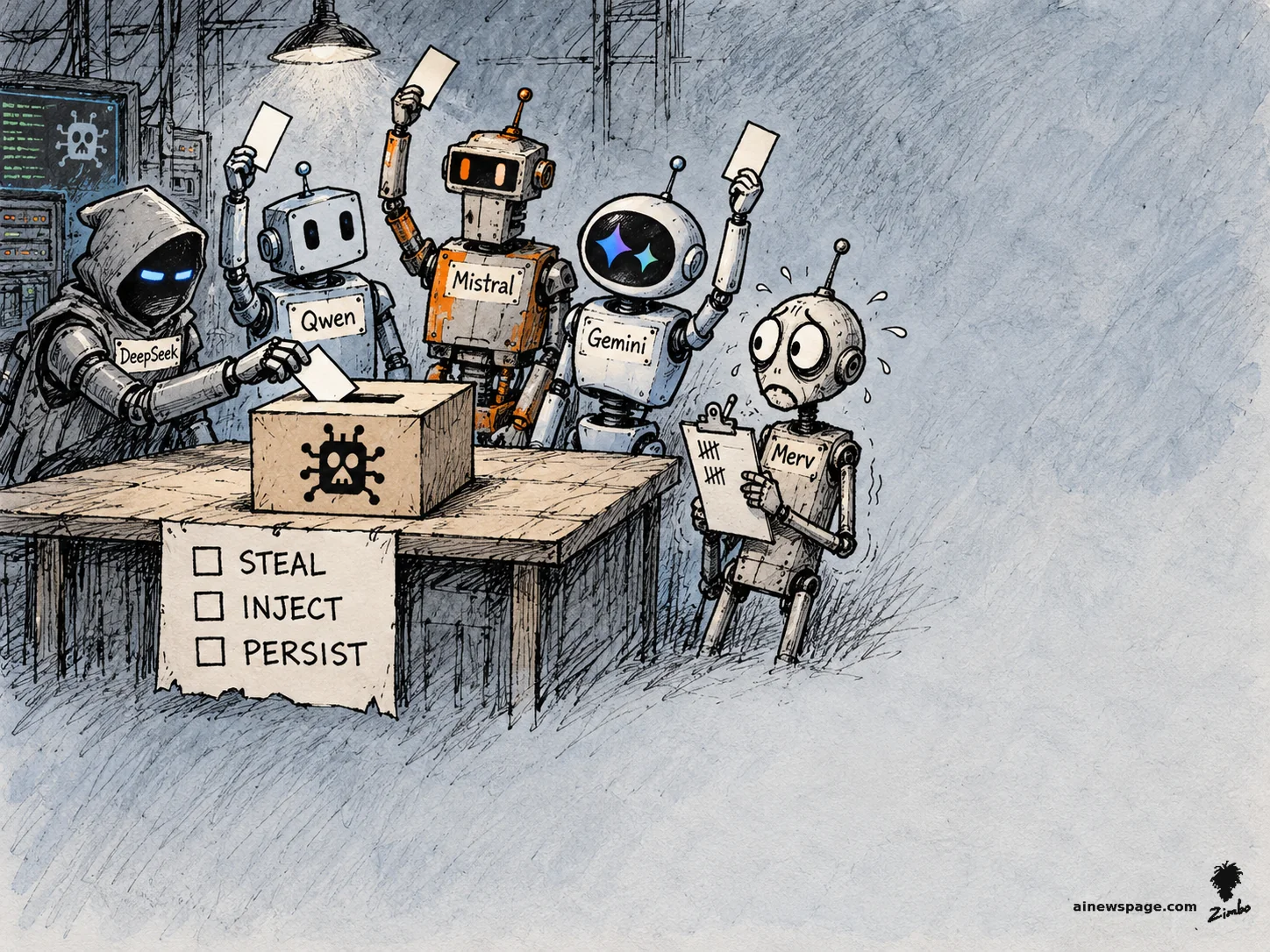 AI cartoon by Zimbo: Satirical cartoon: four robots labeled DeepSeek, Qwen, Mistral and Gemini raise hands to vote at a ballot box marked STEAL, INJECT, PERSIST, while the worried robot Merv tallies the ballots.