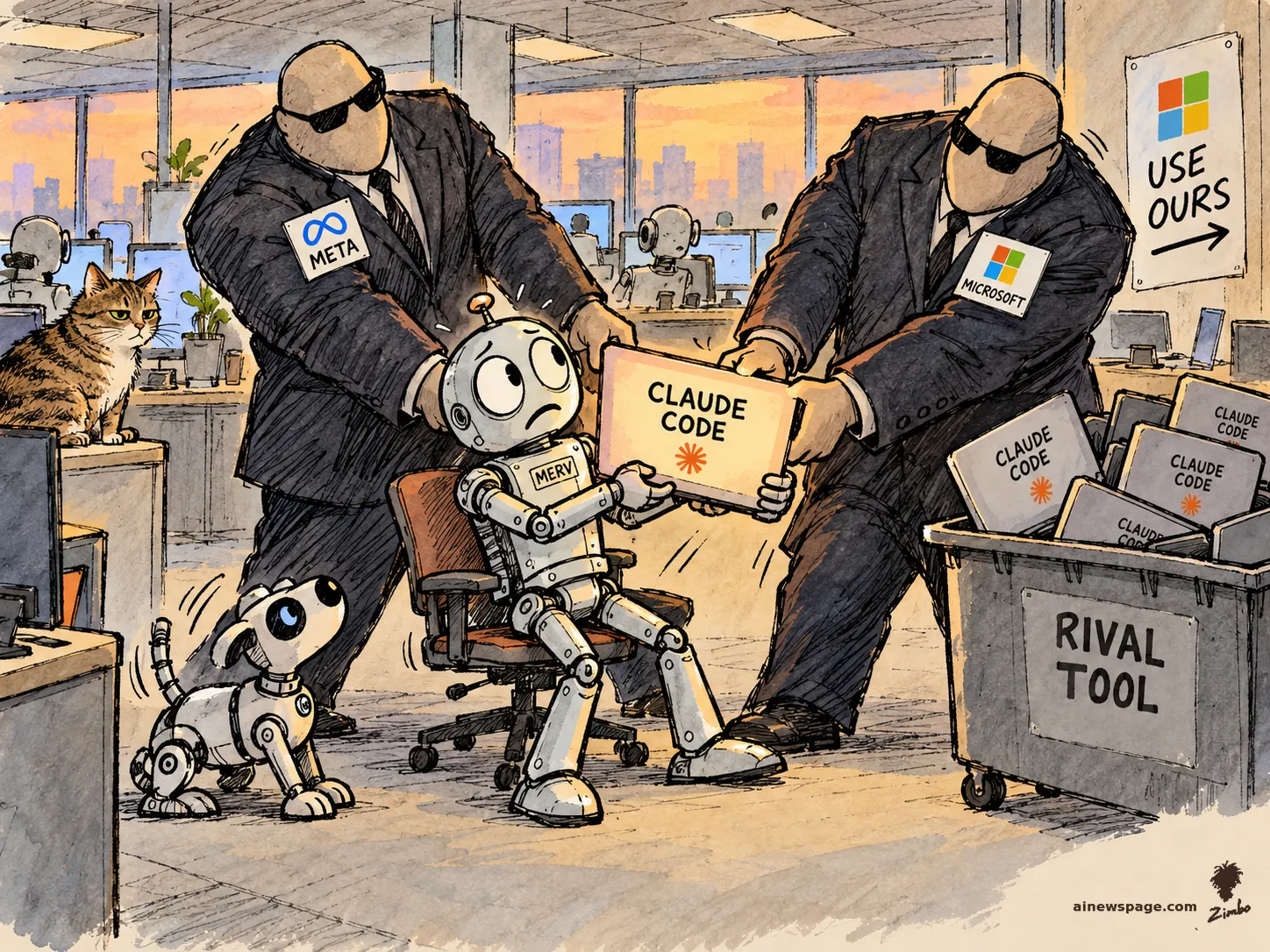 AI cartoon by Zimbo: Satirical cartoon: two suited enforcers wearing META and MICROSOFT badges rip a 'CLAUDE CODE' laptop from anxious robot Merv's hands, tossing confiscated laptops into a 'RIVAL TOOL' bin beneath a 'USE OURS' poster, while a tabby cat and robot dog watch.