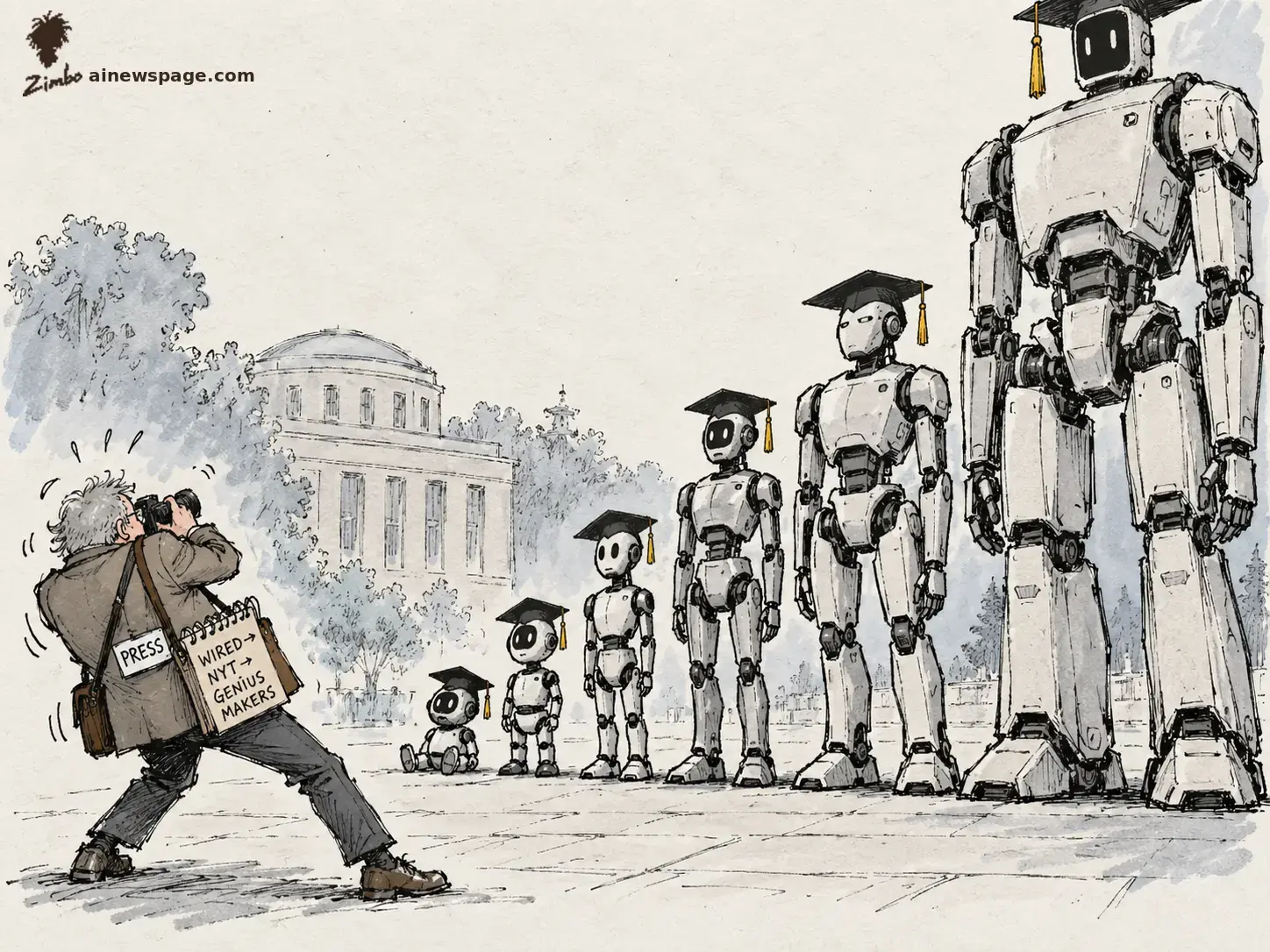 AI cartoon by Zimbo: Satirical cartoon: a graying press photographer with a PRESS badge and a WIRED to NYT to GENIUS MAKERS notebook bag photographs a lineup of six robots in graduation caps growing from toddler-sized to towering.