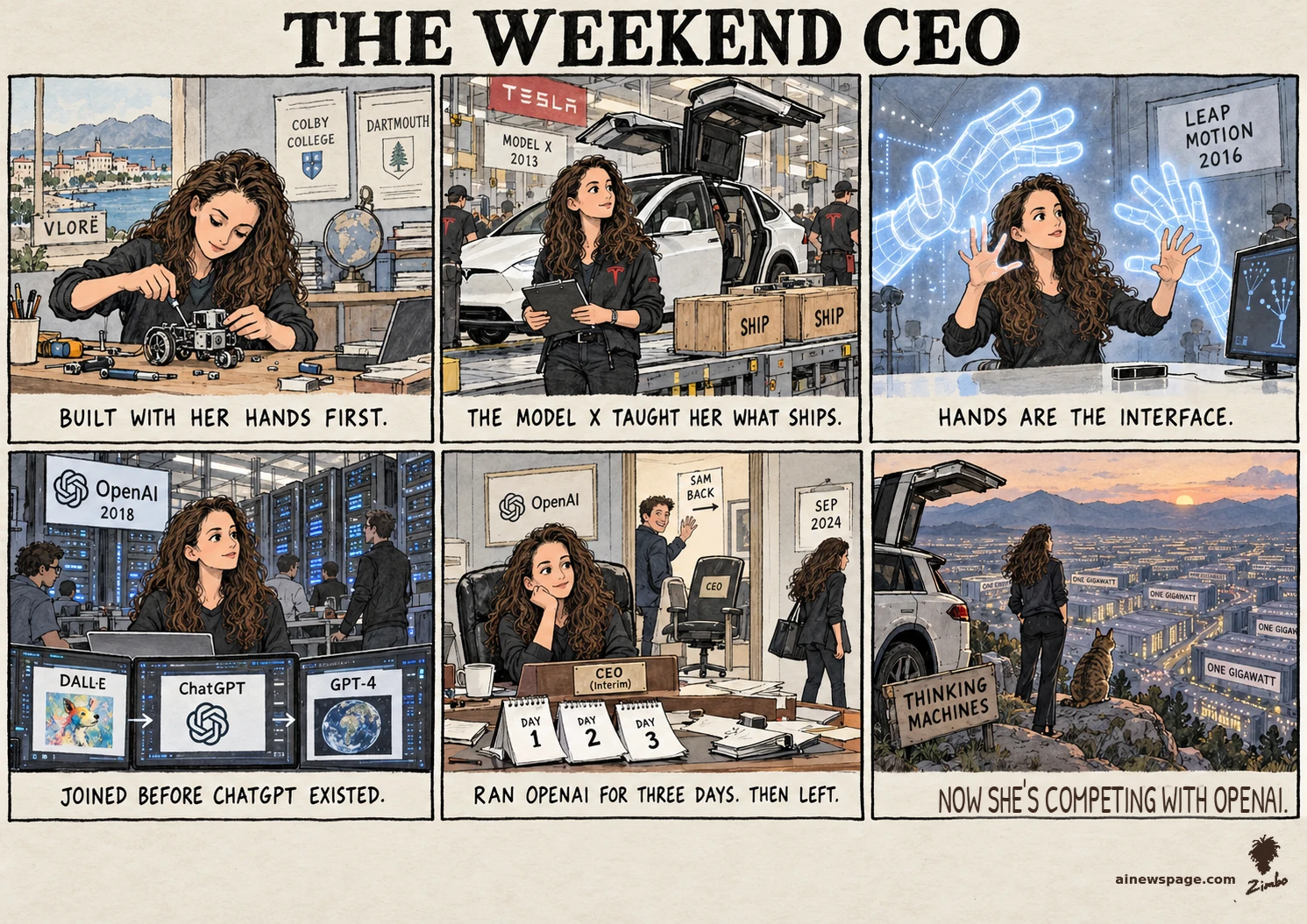 AI cartoon by Zimbo: Six-panel strip: Mira Murati — Vlorë engineer, Tesla Model X, Leap Motion, OpenAI 2018 (DALL·E, ChatGPT, GPT-4), CTO 2022, interim CEO three days — finale THE LOOKOUT: Murati + Issue the cat in a beat-up Model X over ONE GIGAWATT data centers. Kicker: NOW SHE'S COMPETING WITH OPENAI.
