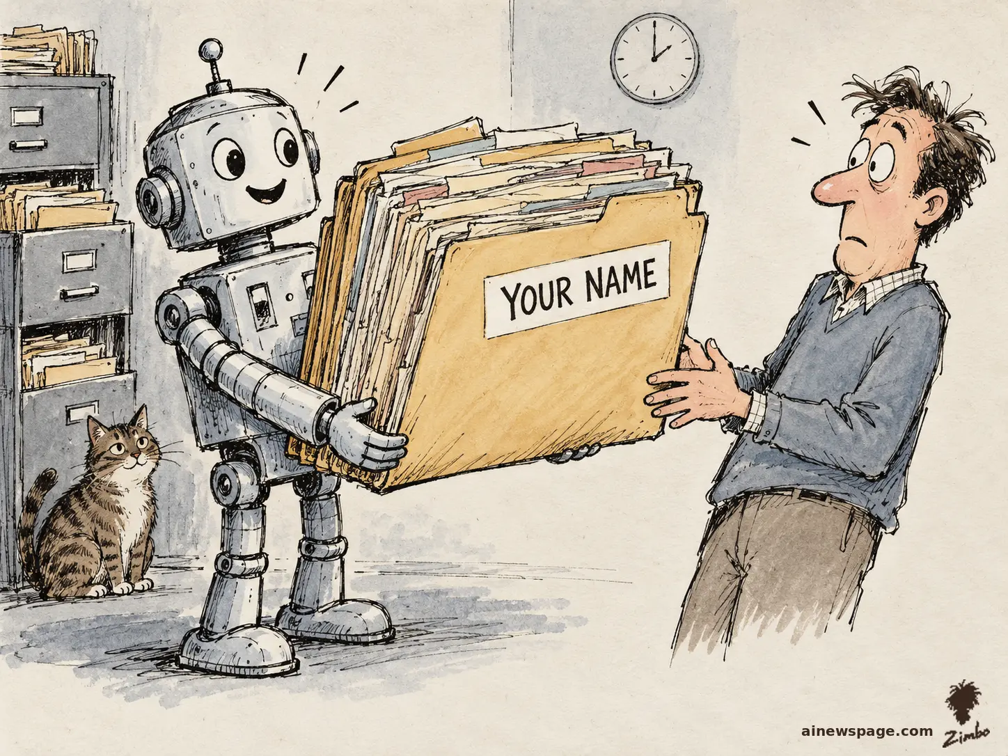 Satirical cartoon: a cheerful retro robot hands a startled man an overstuffed manila folder labeled YOUR NAME, a packed filing cabinet behind it, while a small knowing cat watches from the corner.