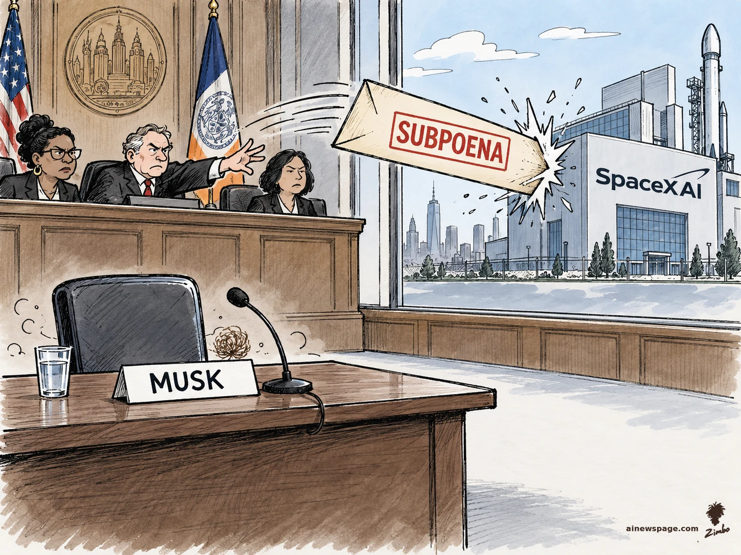 AI cartoon by Zimbo: Satirical cartoon: council members at a hearing dais hurl a giant SUBPOENA paper airplane out the window into the SpaceXAI building with rocket towers, while Musk’s empty witness chair (MUSK placard, glass of water) sits vacant.