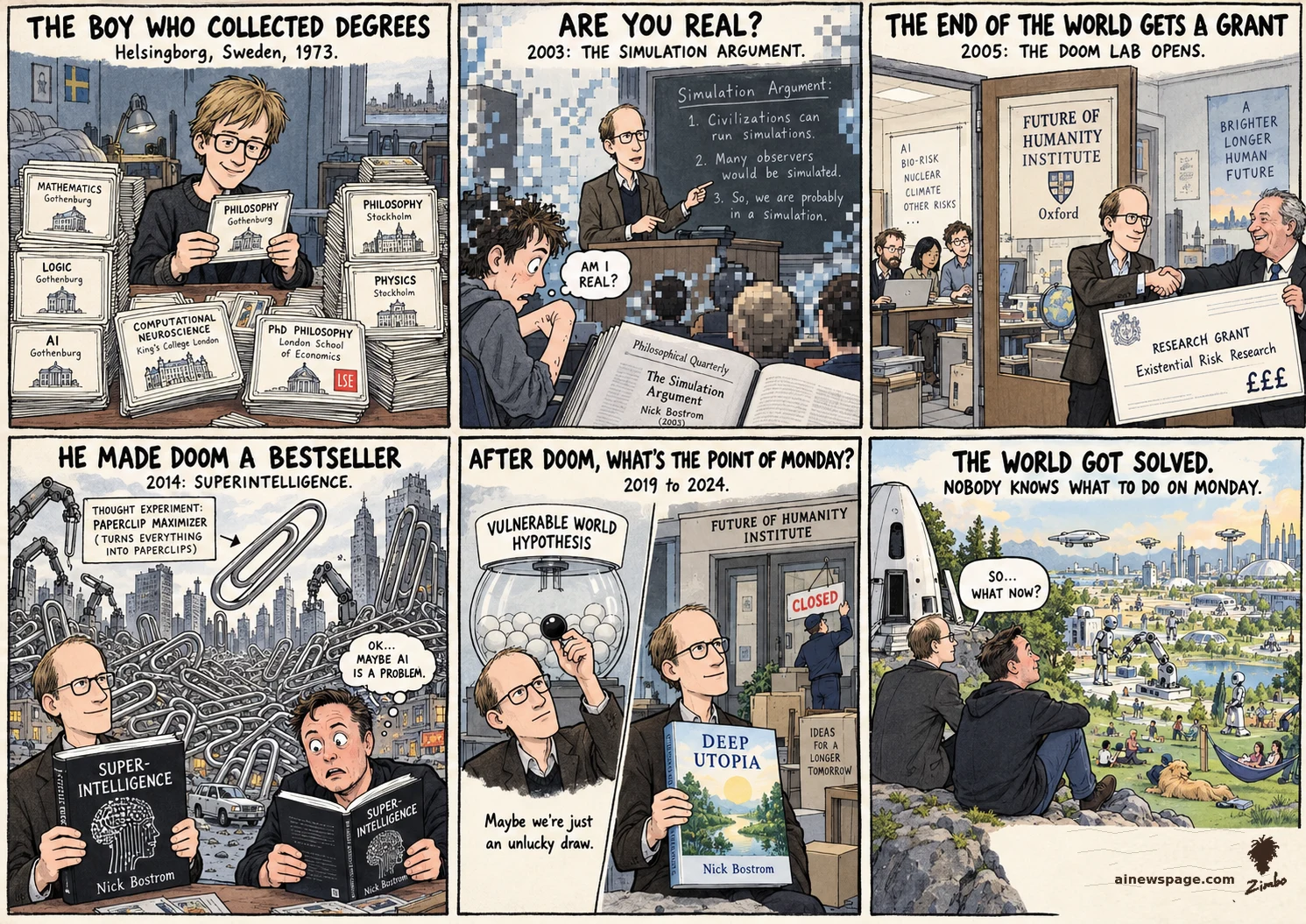 AI cartoon by Zimbo: Bostrom life strip: 1973 the degree-collecting teen; 2003 the Simulation Argument; 2005 Oxford's Future of Humanity Institute opens; 2014 Superintelligence makes doom a bestseller; 2019-24 the doom lab closes, Deep Utopia lands; finale: Bostrom + Musk in a rocket gaze at the solved world.