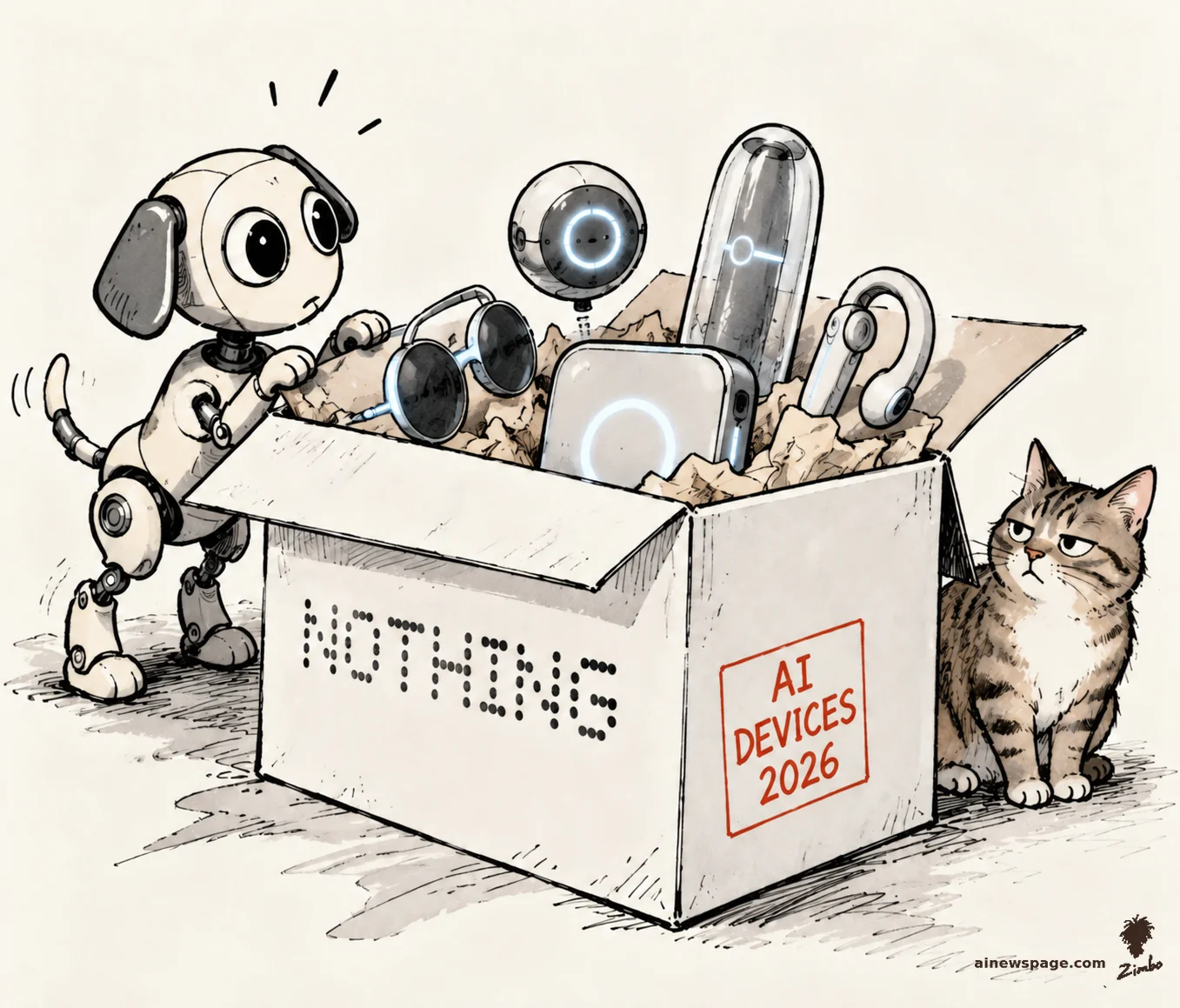 AI cartoon by Zimbo: Satirical cartoon: Buddy the robot dog gleefully unboxes a Nothing-branded box overflowing with mystery AI devices — glasses, a camera orb, a capsule gadget, an earpiece — while Issue the tabby cat sits unimpressed beside it.