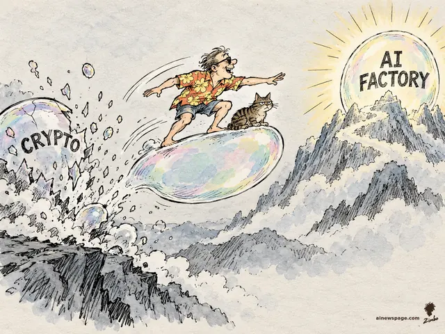 Satirical cartoon: an investor in a loud Hawaiian shirt surfs a giant iridescent soap bubble from a burst CRYPTO bubble toward a glowing AI FACTORY peak, with an unimpressed tabby cat riding along.