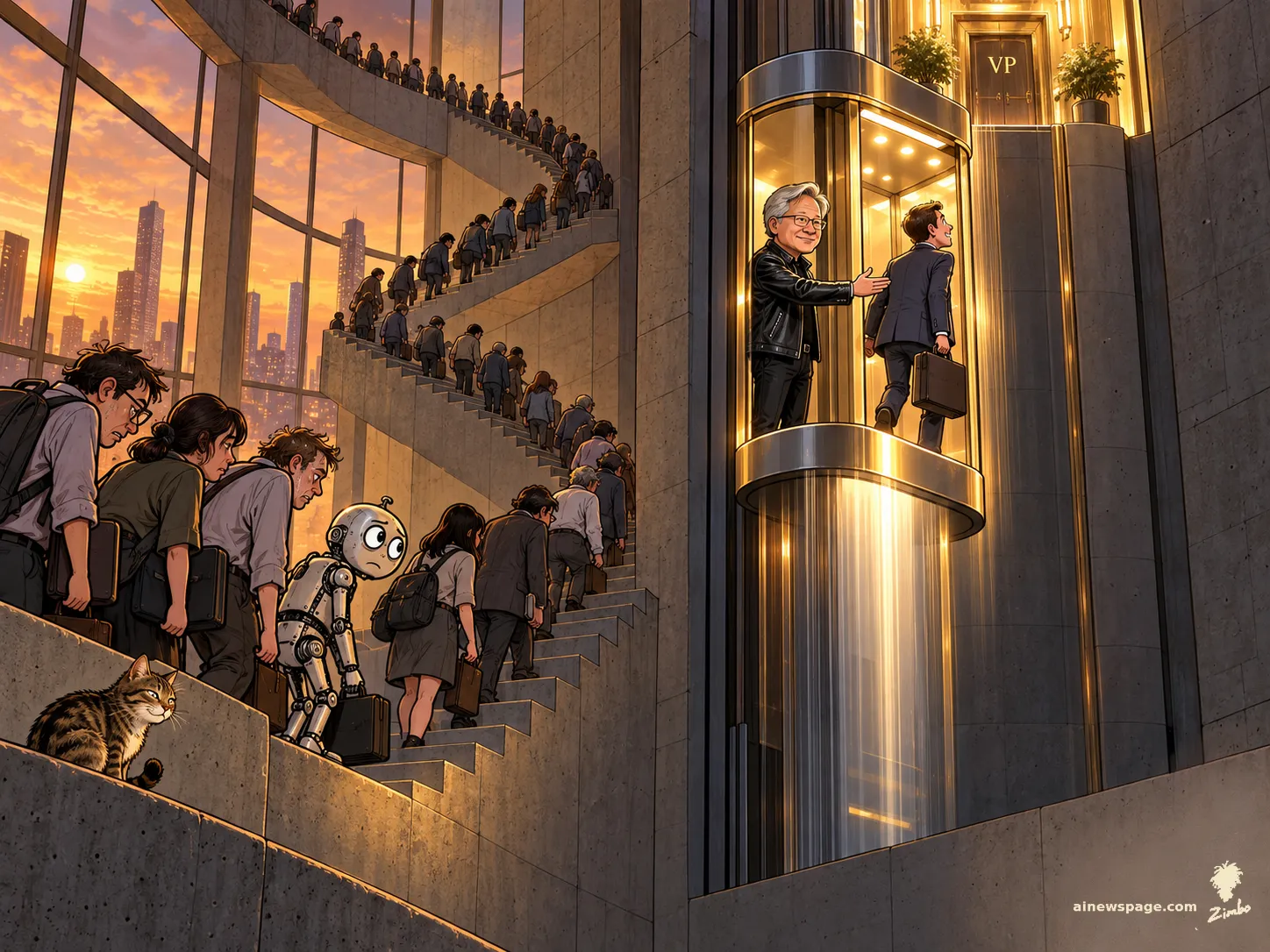 AI cartoon by Zimbo: Satirical cartoon: a leather-jacketed CEO lookalike waves a suited young man into a golden express elevator labeled VP while a long queue of workers — including a worried robot with a briefcase and a tabby cat — trudges up an endless staircase.