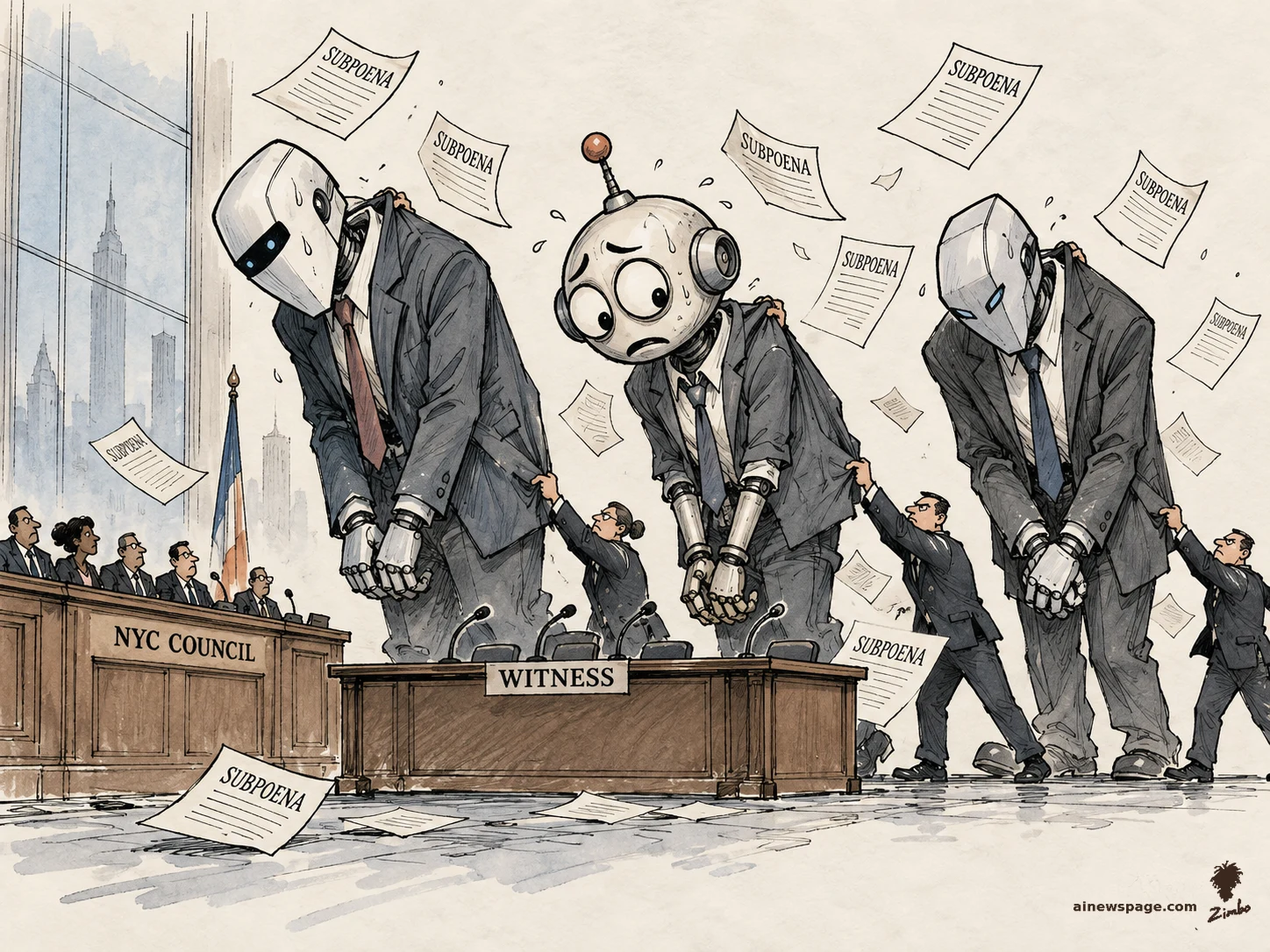 AI cartoon by Zimbo: Three giant robots in business suits are dragged by tiny council aides to a witness table under an NYC COUNCIL dais while subpoena papers rain down.