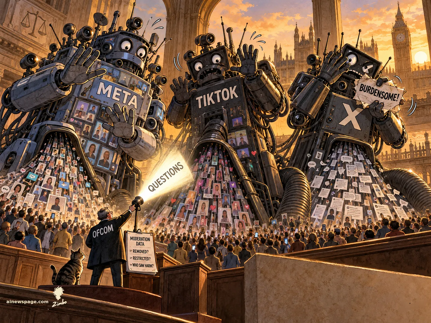 AI cartoon by Zimbo: Satirical cartoon: three giant data-hoovering platform robots labeled META, TIKTOK and X recoil as a small OFCOM regulator shines a QUESTIONS spotlight beam at them; the X robot holds a note reading BURDENSOME!.