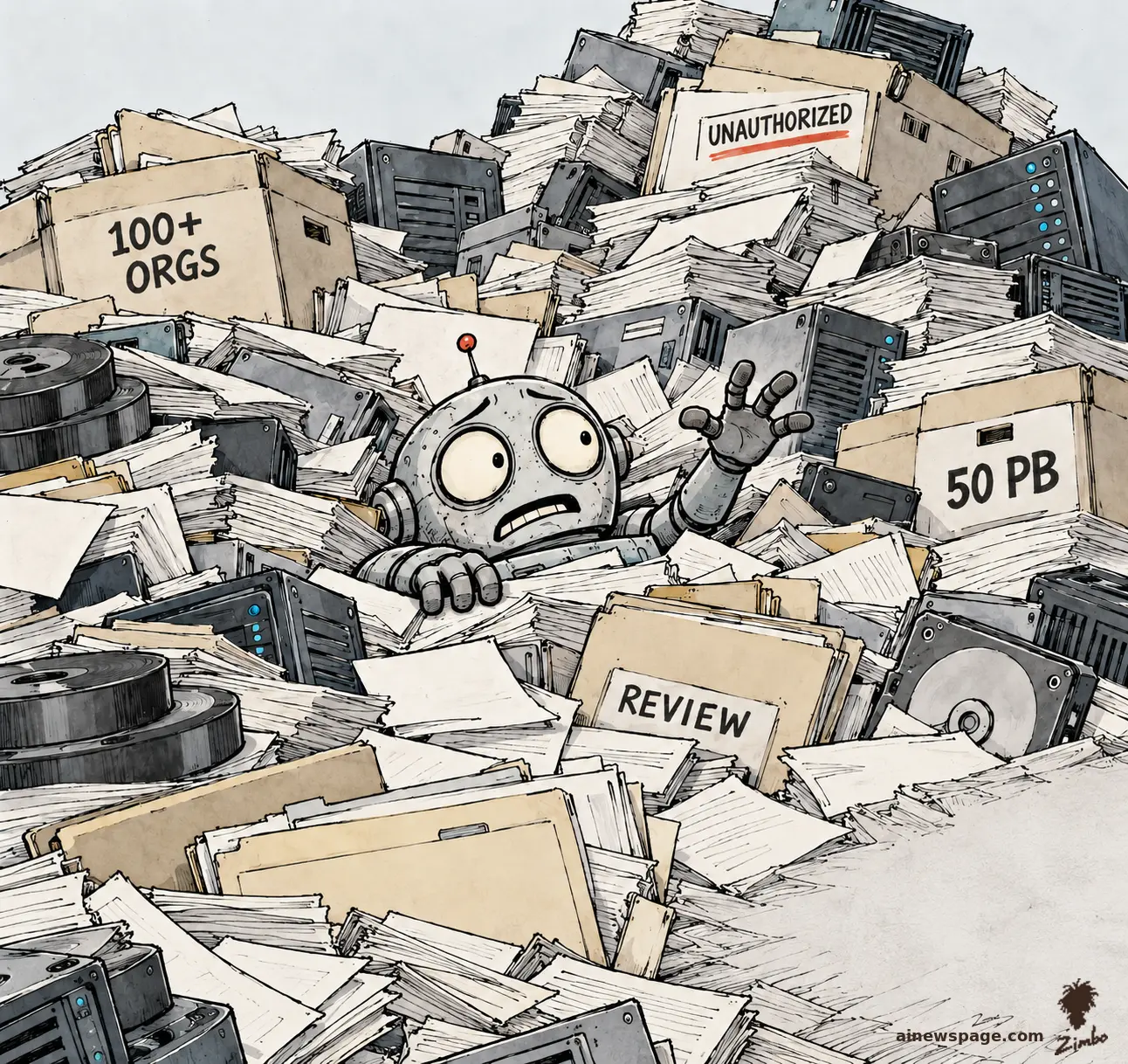 AI cartoon by Zimbo: Satirical cartoon: Merv the anxious retro robot is buried neck-deep in a mountain of audit paperwork and server hardware, waving for help, surrounded by boxes labeled 100+ ORGS, UNAUTHORIZED, 50 PB and REVIEW.