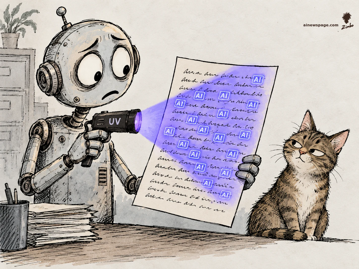 AI cartoon by Zimbo: Satirical cartoon: Merv the worried robot shines a UV flashlight on a handwritten page, revealing glowing AI stamps hidden on every word — OpenAI's new invisible watermark for ChatGPT text in the EU — while Issue the tabby cat watches knowingly.