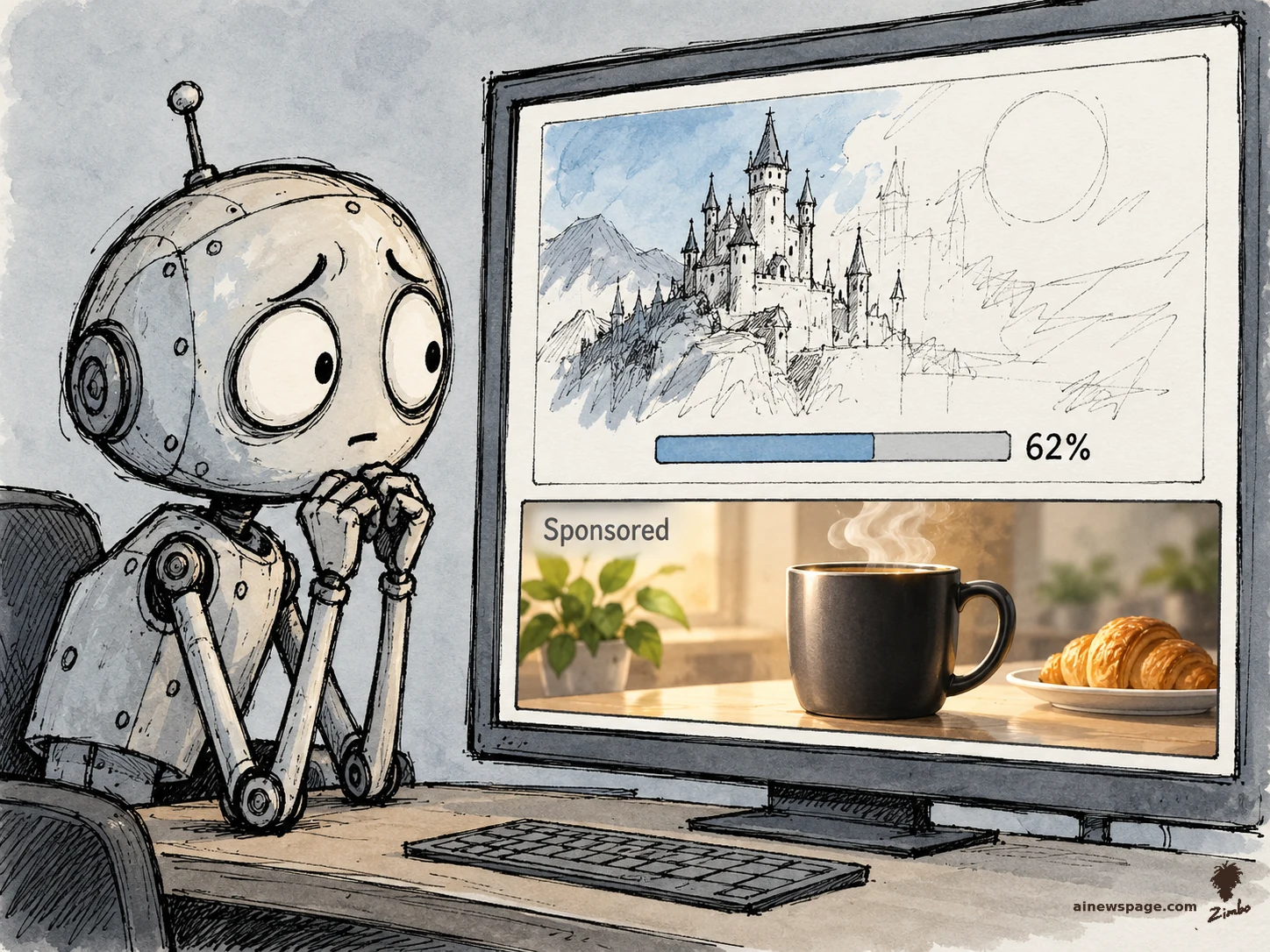 AI cartoon by Zimbo: Satirical cartoon: a worried robot (Merv) hunches at a desk staring at a monitor where his requested castle picture is only half-drawn at '62%', while a glossy finished 'Sponsored' coffee-and-croissant ad banner beneath it has already fully loaded.
