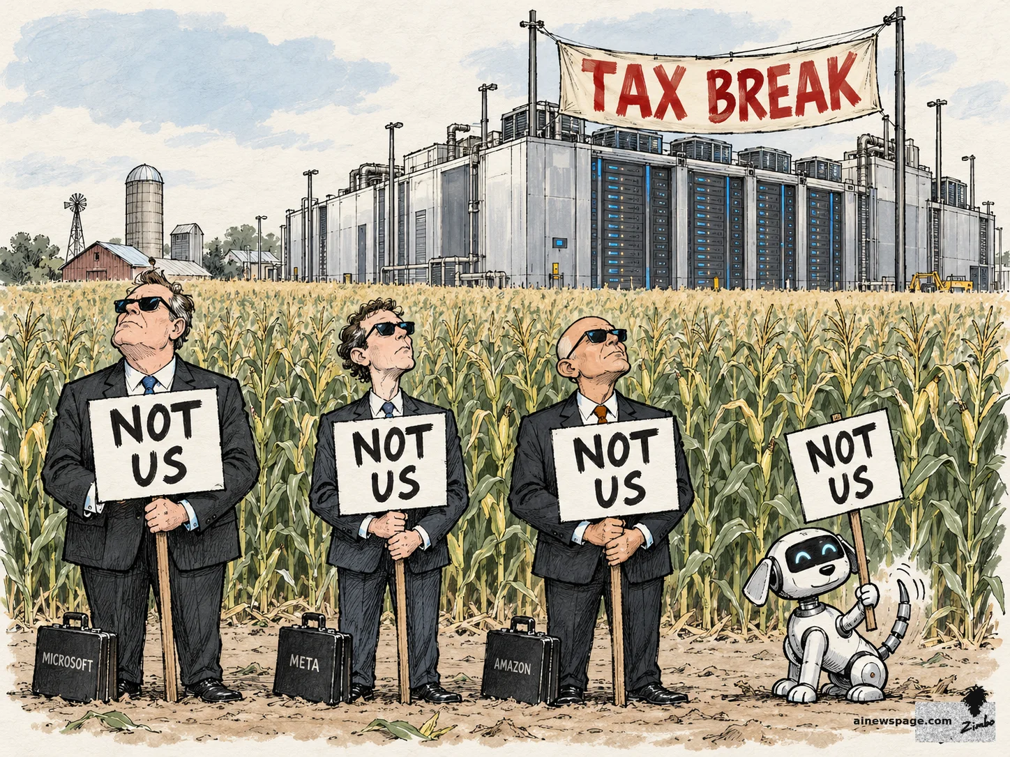 AI cartoon by Zimbo: Satirical cartoon: three suited executives in sunglasses stand in a cornfield holding NOT US signs with briefcases labeled MICROSOFT, META, and AMAZON, while Buddy the robot dog holds his own NOT US sign; behind them a giant data center rises under a huge red TAX BREAK banner.