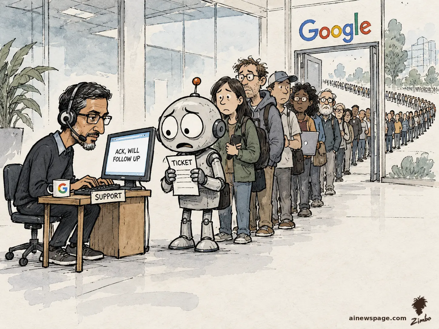 AI cartoon by Zimbo: Satirical cartoon: a headset-wearing Google CEO hunches over a tiny wooden SUPPORT desk typing ACK, WILL FOLLOW UP on a monitor, while anxious robot Merv frets first in line with a support TICKET and an endless queue of users stretches out the door.