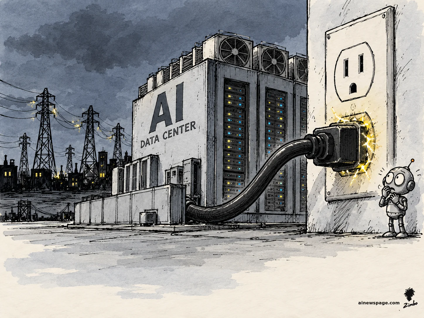 AI cartoon by Zimbo: A giant AI DATA CENTER building plugged into one oversized wall outlet sucks crackling sparks while an anxious retro robot frets beside it and power-grid towers flicker behind.