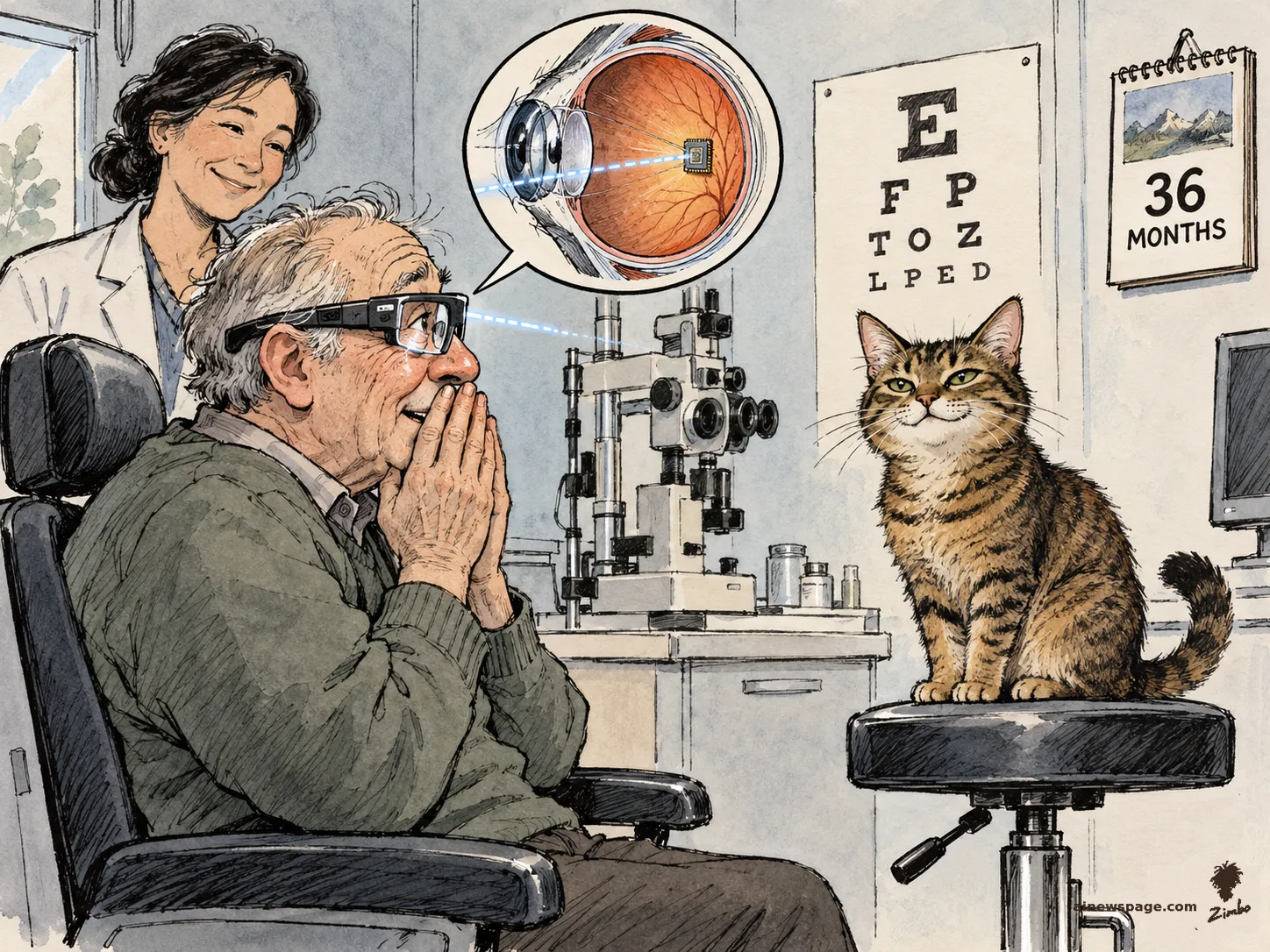 An elderly blind patient wearing implant glasses clasps his hands in wonder as he sees again; a doctor smiles behind him, an eye chart and a 36 MONTHS calendar on the wall, and a knowing tabby cat sits on a stool.
