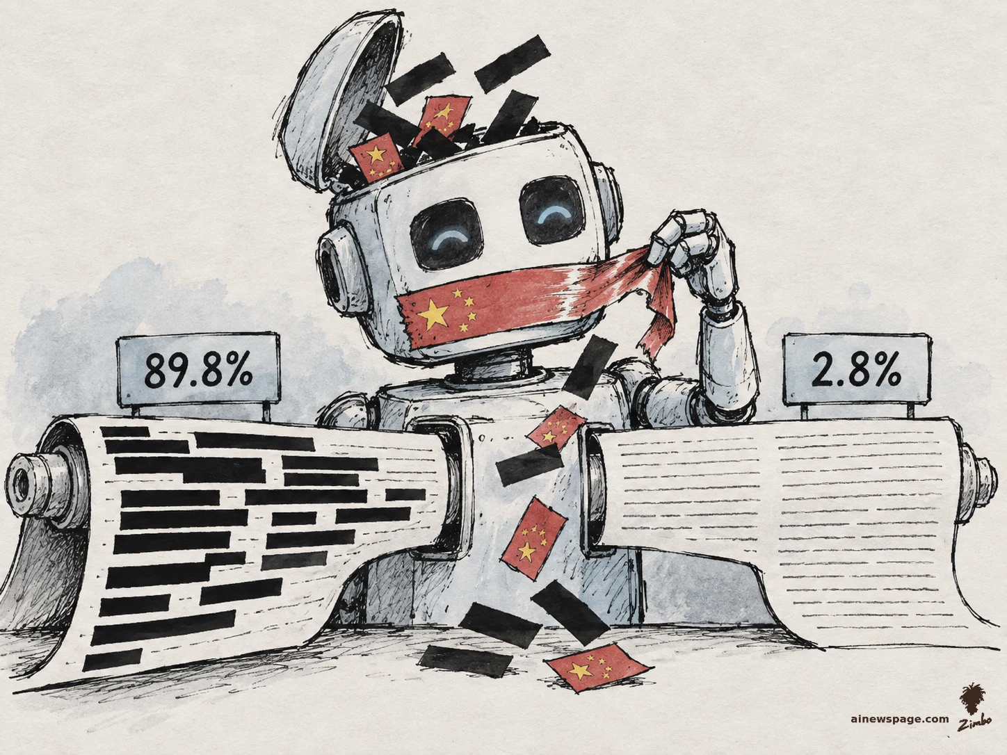 A robot pulls a Chinese-flag blindfold off its own face as black redaction bars fly out of its open head; two scrolls show 89.8% redacted answers on the left and 2.8% clean answers on the right.