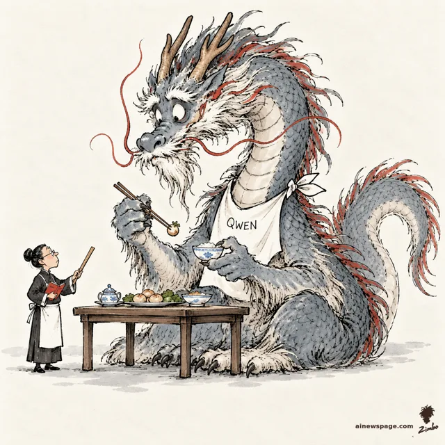 A giant Chinese dragon wearing a QWEN bib learns table manners from a small teacher with a ruler, picking up food with chopsticks.