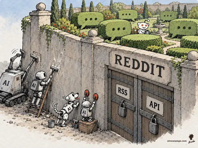 A high garden wall labeled REDDIT with padlocked RSS and API gates; inside, the alien mascot tends speech-bubble hedges, while AI robots — one on a ladder, a robot dog with a bucket, one with suction cups — try to climb over from outside.