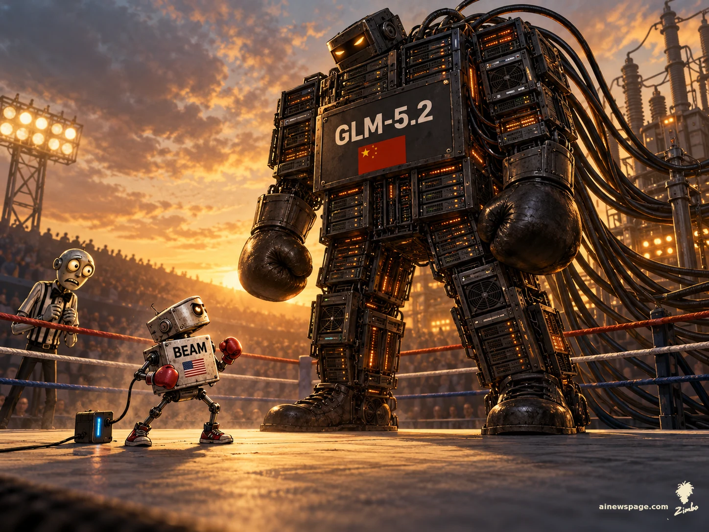 AI cartoon by Zimbo: Satirical cartoon: in a golden-hour boxing ring, a tiny scrappy robot labeled BEAM with red boxing gloves faces a hulking server-rack colossus labeled GLM-5.2 in giant gloves; Merv referees, worried.