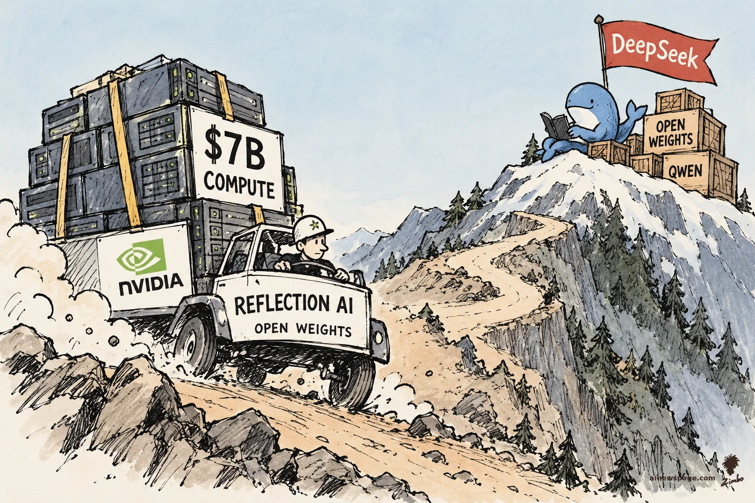 AI cartoon by Zimbo: Satirical cartoon: an overloaded Reflection AI open-weights truck hauling '$7B COMPUTE' server racks with an NVIDIA logo rumbles uphill toward a snowy summit where a blue DeepSeek whale lounges beside OPEN WEIGHTS and QWEN crates under a red DeepSeek flag.